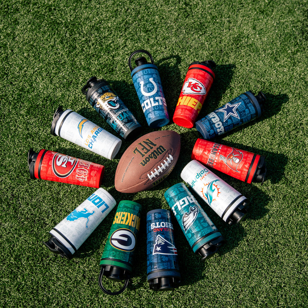 an image showing various Officially Licensed NFL 4D Ice Shaker Bottles around a football