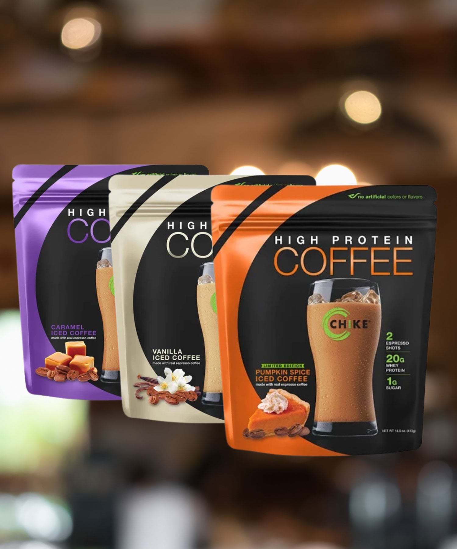 an image of Chike High-Protein Coffee, available in three flavors: Pumpkin Spice, Vanilla, and Caramel. Click now to shop the Chike Protein Coffee Collection