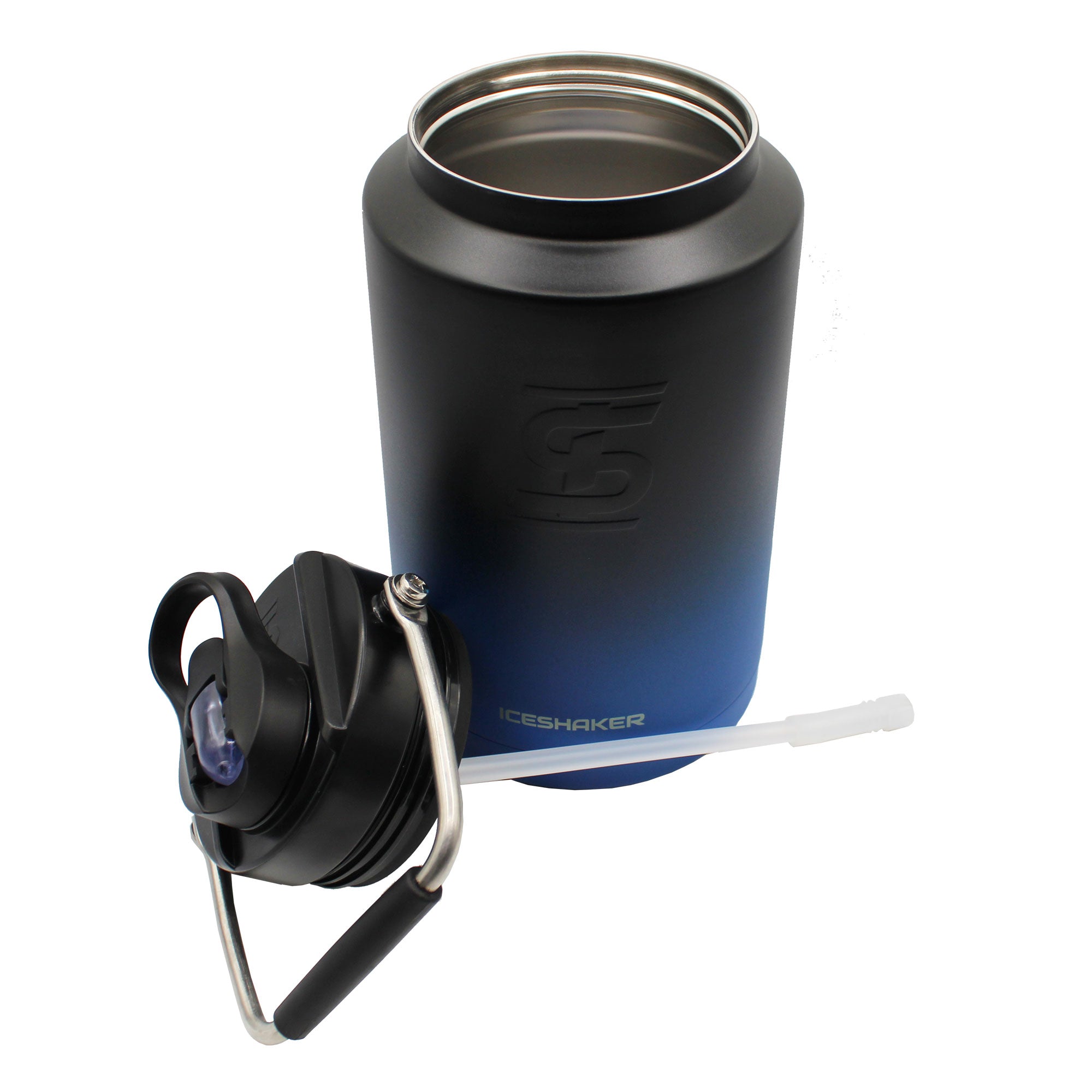 Ice Shaker's Navy Black Ombre One Gallon Jug with the Lid twisted off the jug. The image shows the inside of the jug being Stainless-Steel and the Jug's Lid is laying in front of the jug. There is an internal straw attached to the lid that is the length of the jug.