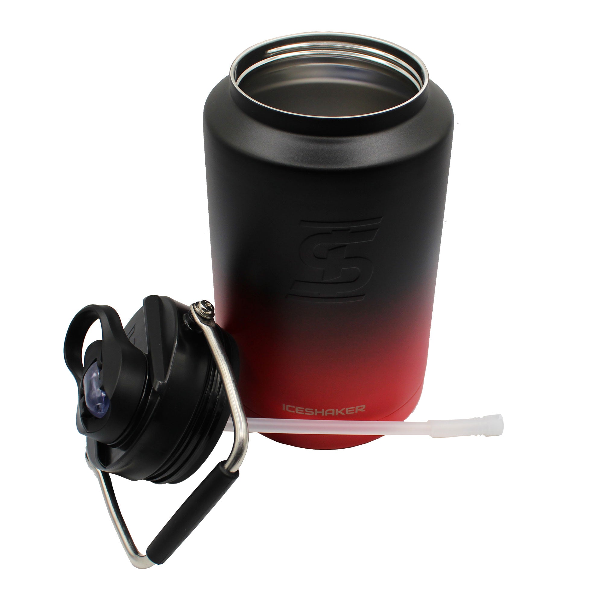 Ice Shaker's Red Black Ombre One Gallon Jug with the Lid twisted off the jug. The image shows the inside of the jug being Stainless-Steel and the Jug's Lid is laying in front of the jug. There is an internal straw attached to the lid that is the length of the jug.