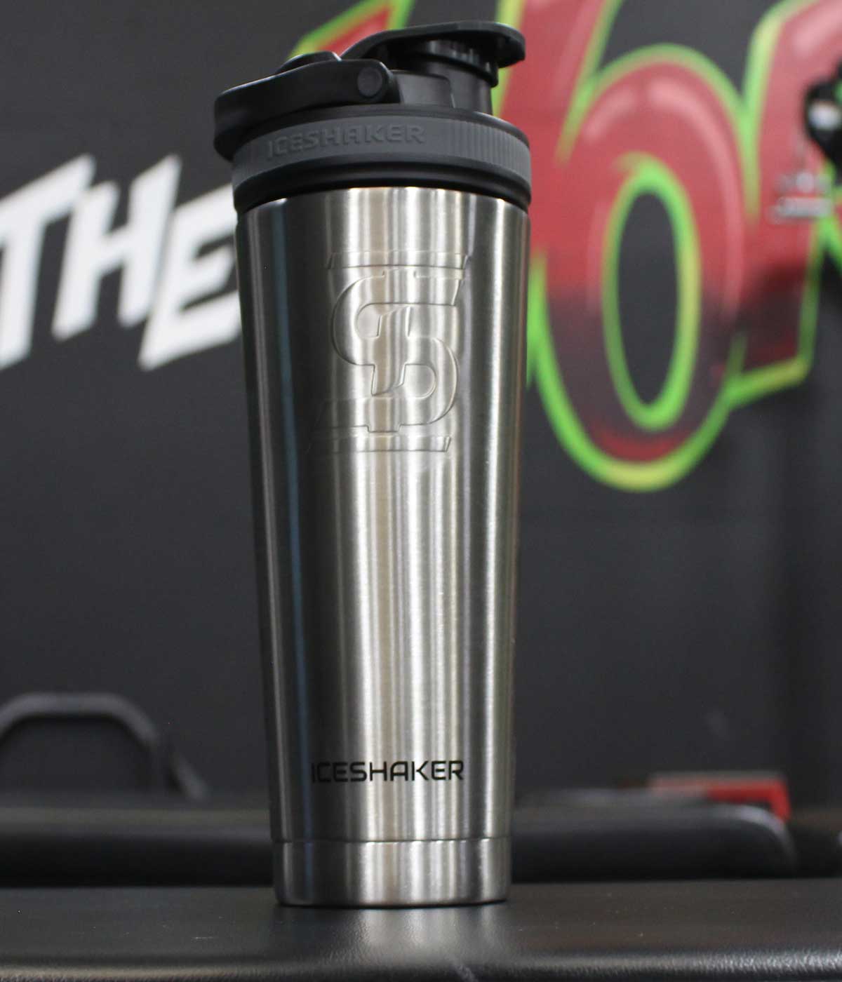 A close up view of the Stainless Steel colored 36oz Ice Shaker showing the front-view of the bottle.