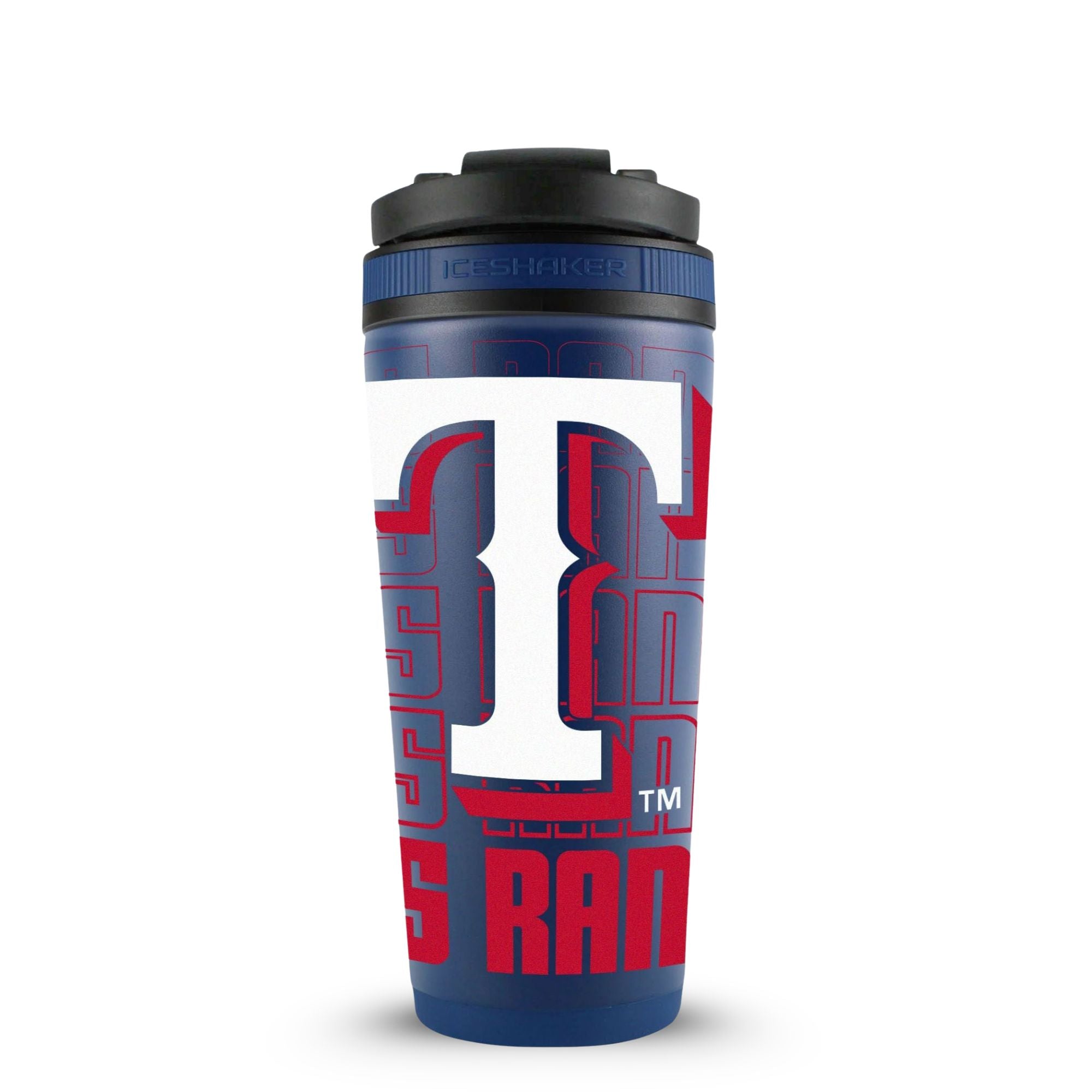The back view of the Texas Rangers 4D 26oz Ice Shaker. The back view shows the Texas Rangers logo.