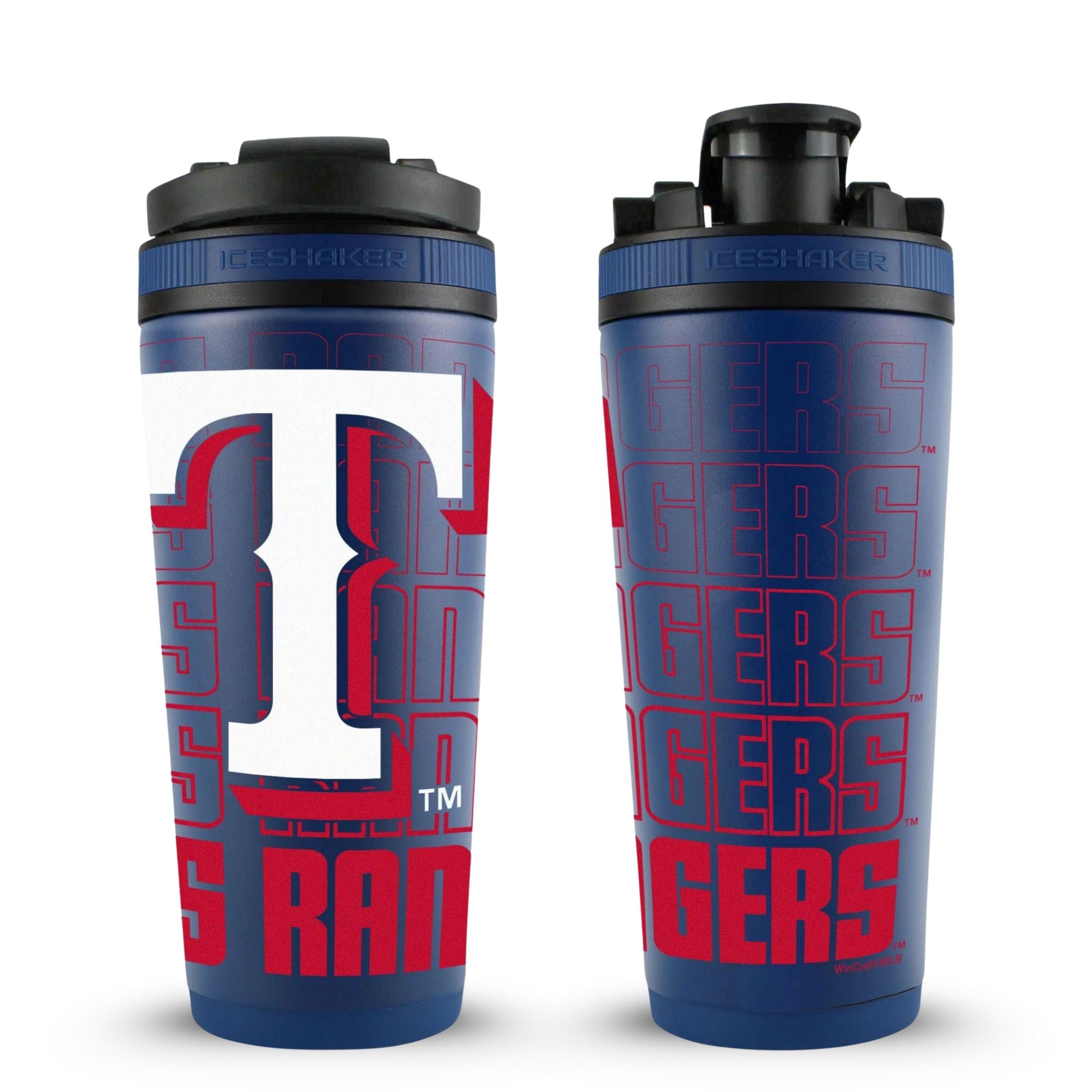 The front and back view of the Texas Rangers 4D 26oz Ice Shaker. This bottle is wrapped in a 4D-Wrap that features text "Texas Rangers" wrapped around the entire bottle with the Texas Rangers logo on the back.