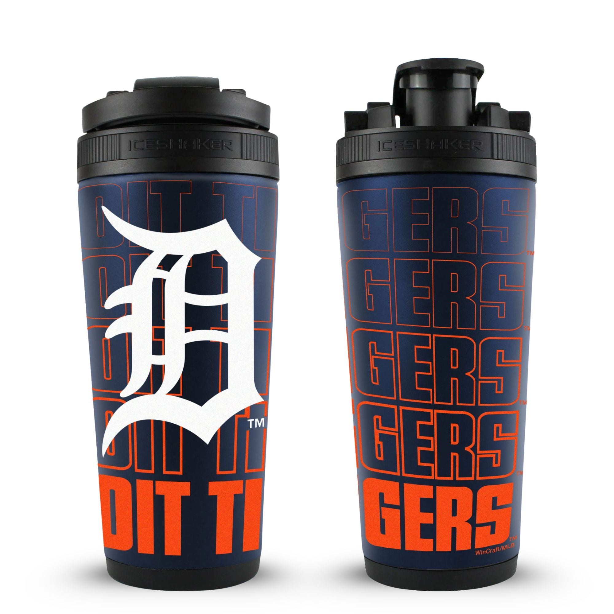 a 26oz Ice Shaker wrapped in the Detroit Tigers 4D-Wrap featuring Detroit lions text with the Detroit Tigers logo overlayed