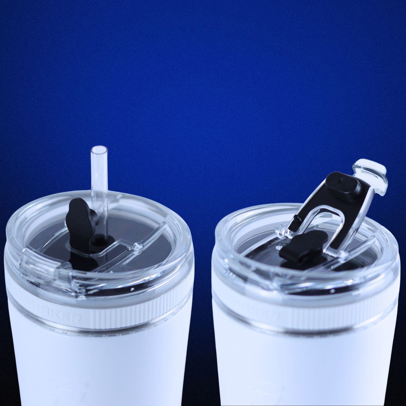 This image shows the 2 different ways you're about to use the Versatile Flex Lid. The first way shows with the straw inserted. The second way shows with the straw removed, the straw hole plugged, and the drink flap open.