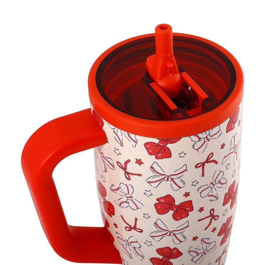 Ball Park Social tumbler: lid and center-aligned straw close-up