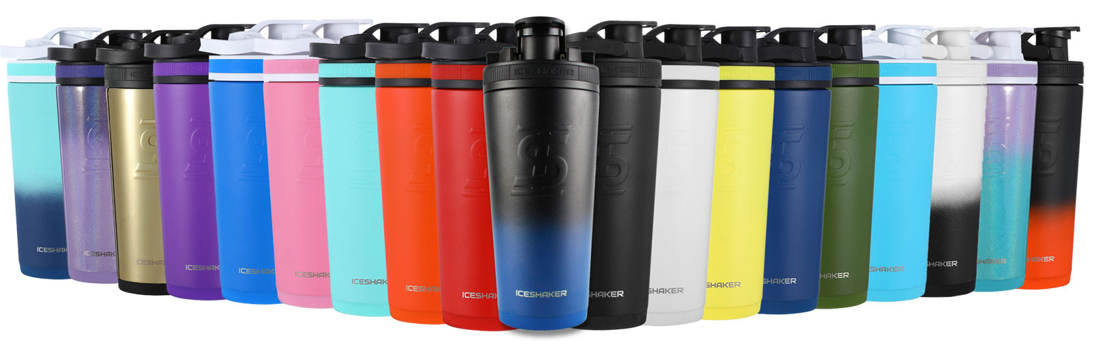 An image of over 20 different colored Ice Shaker bottles