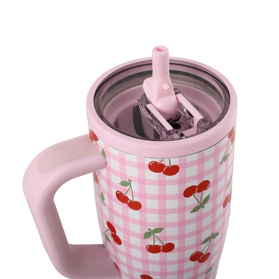 Cherry Gingham tumbler: lid and center-aligned straw close-up