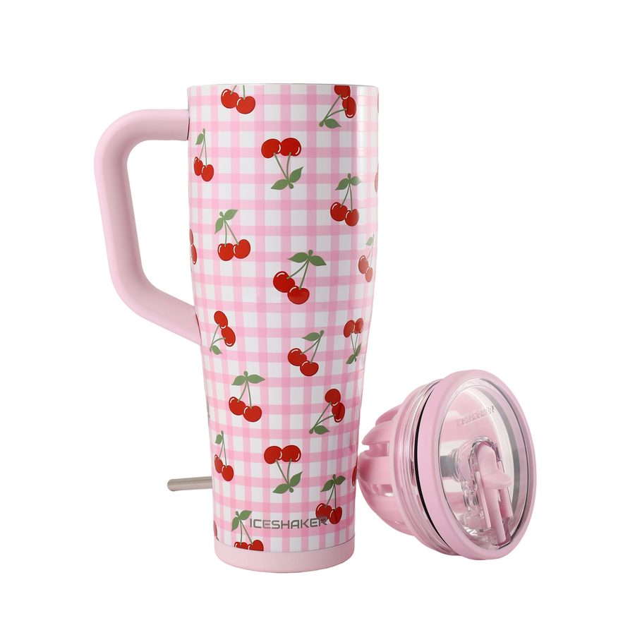 Cherry Gingham tumbler: lid off, showing the twist-in agitator