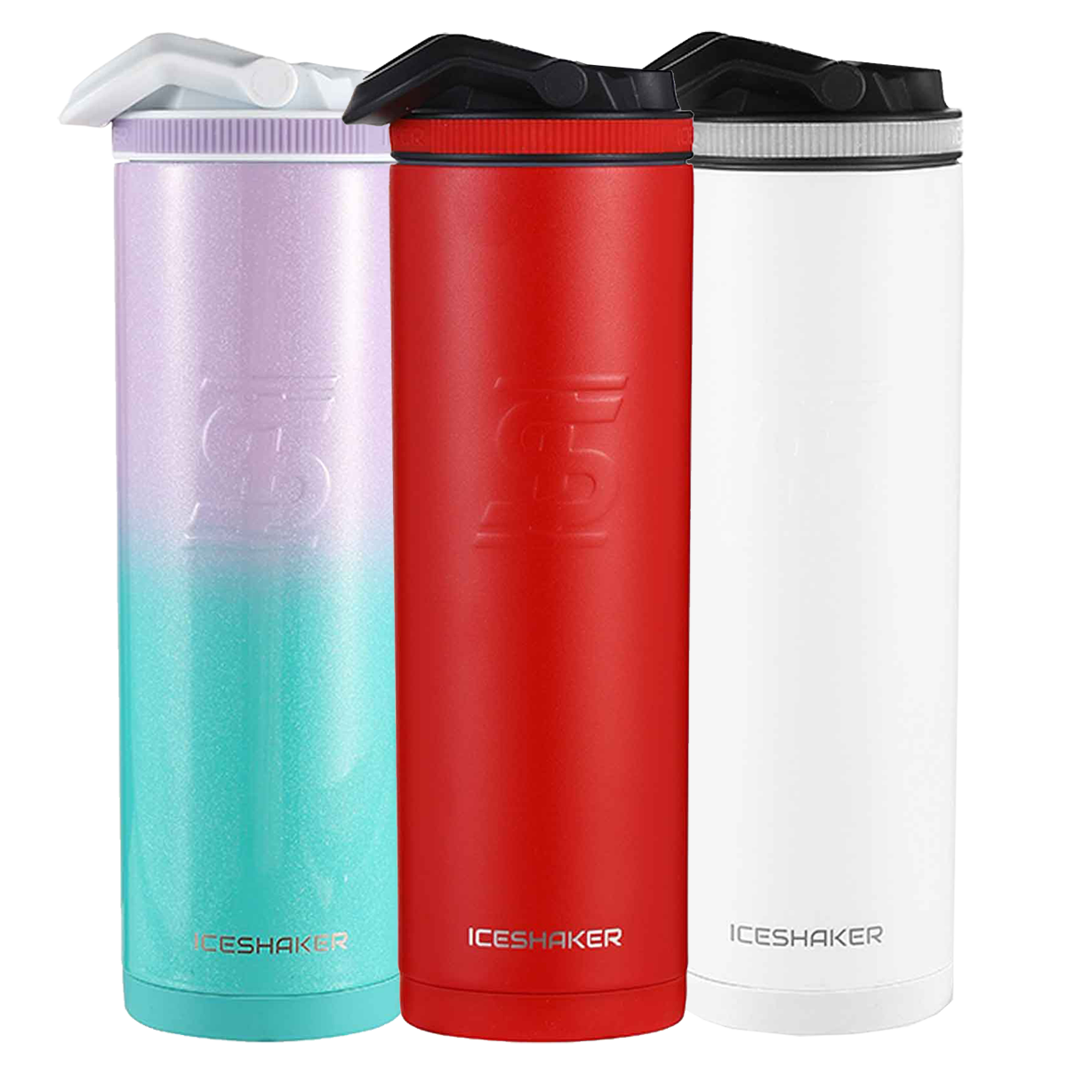 three different colored 20oz Ice shaker Sport Bottles. Red is in the middle with a mermaid-colored 20oz sport bottle on the left and a white 20oz sport bottle on the right.