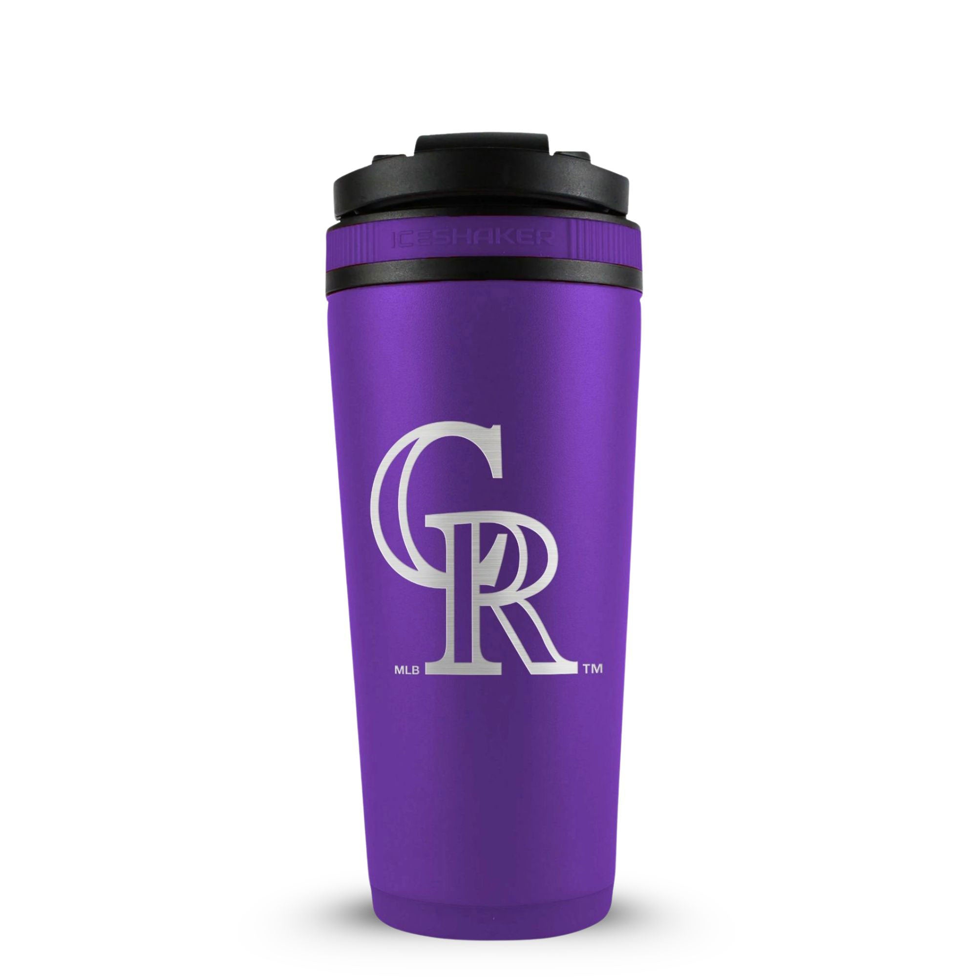 Purple 26oz Ice Shaker with the Colorado Rockies logo engraved on the back of it.