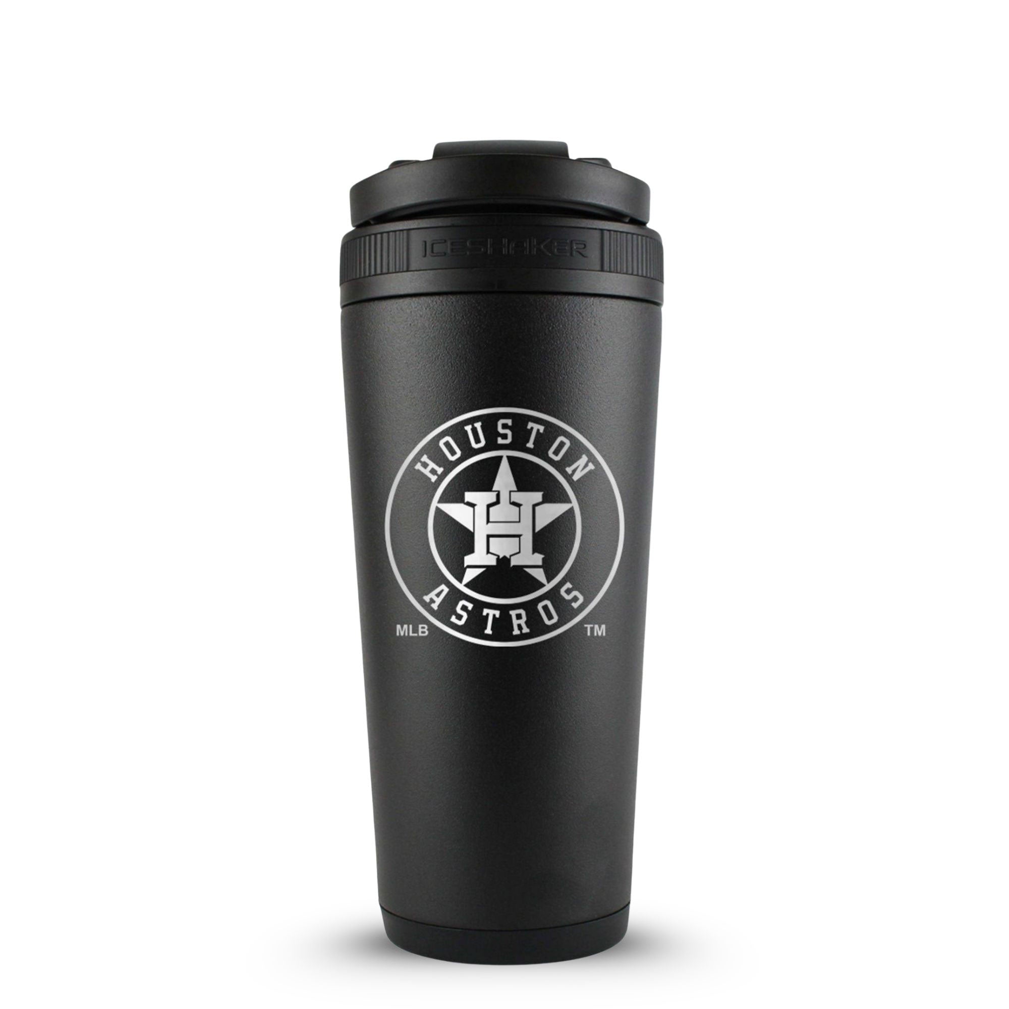 Black 26oz Ice Shaker with the Houston Astros logo engraved on the back of it.