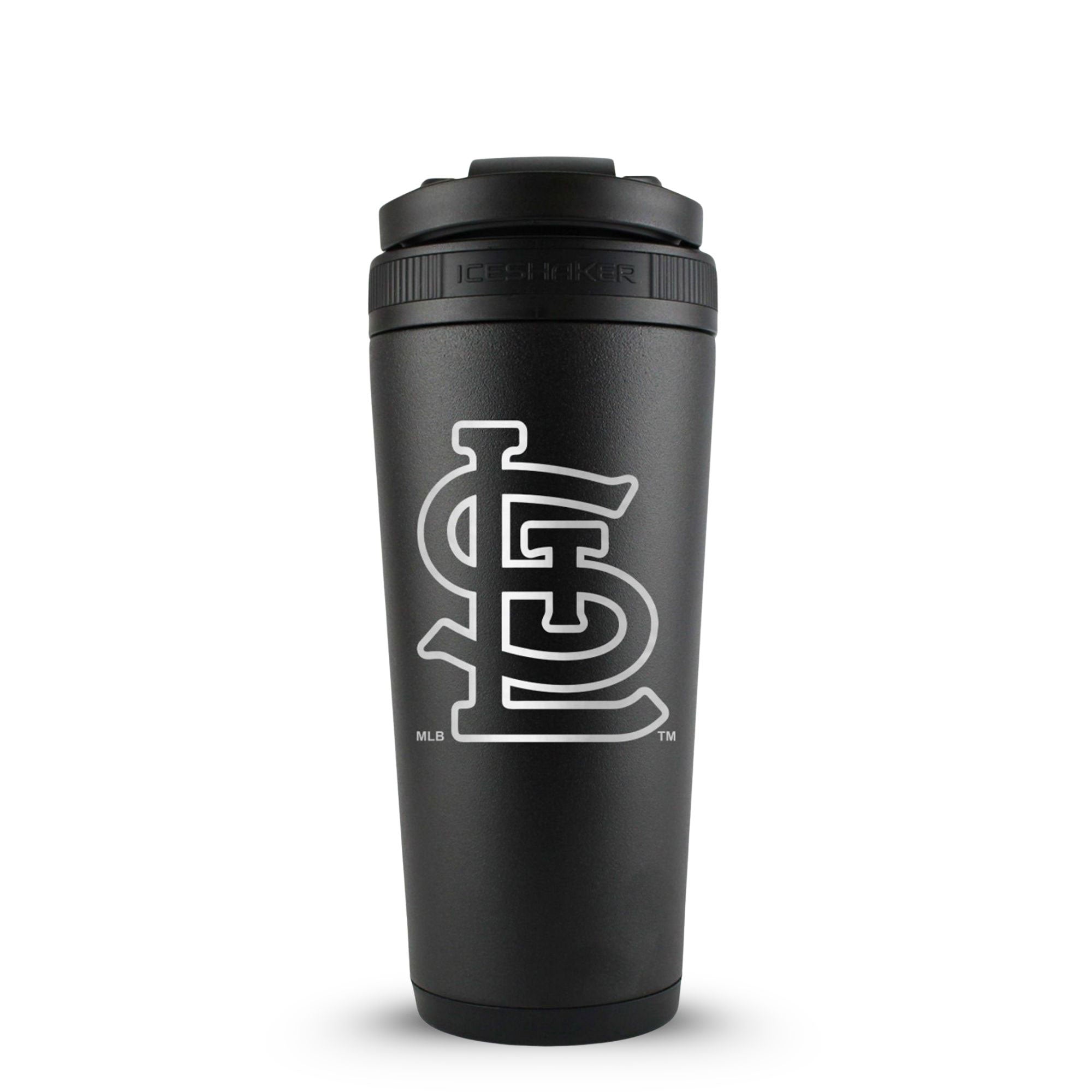 Black 26oz Ice Shaker with the St. Louis Cardinals logo engraved on the back of it.