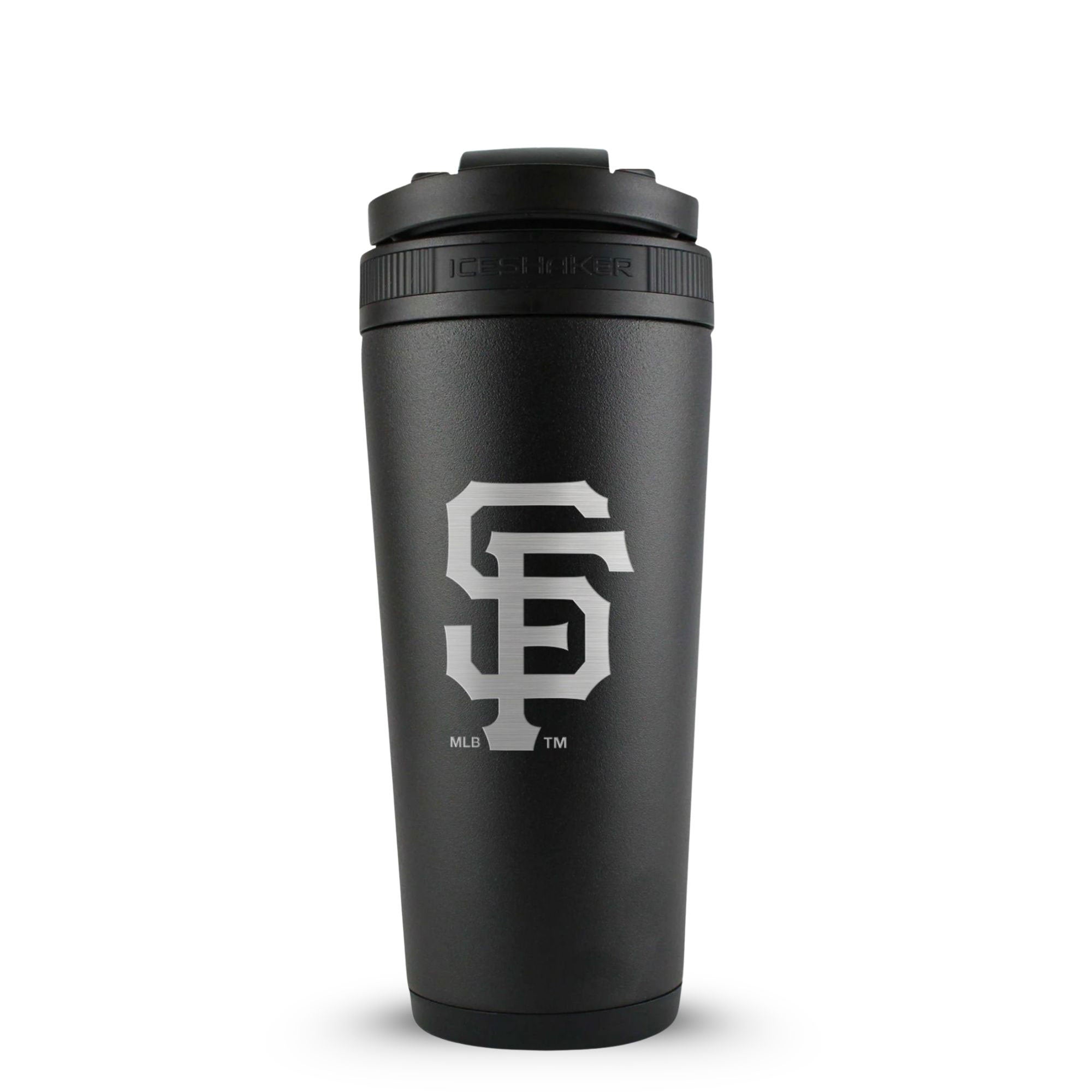 Black 26oz Ice Shaker with the San Francisco Giants logo engraved on the back of it.
