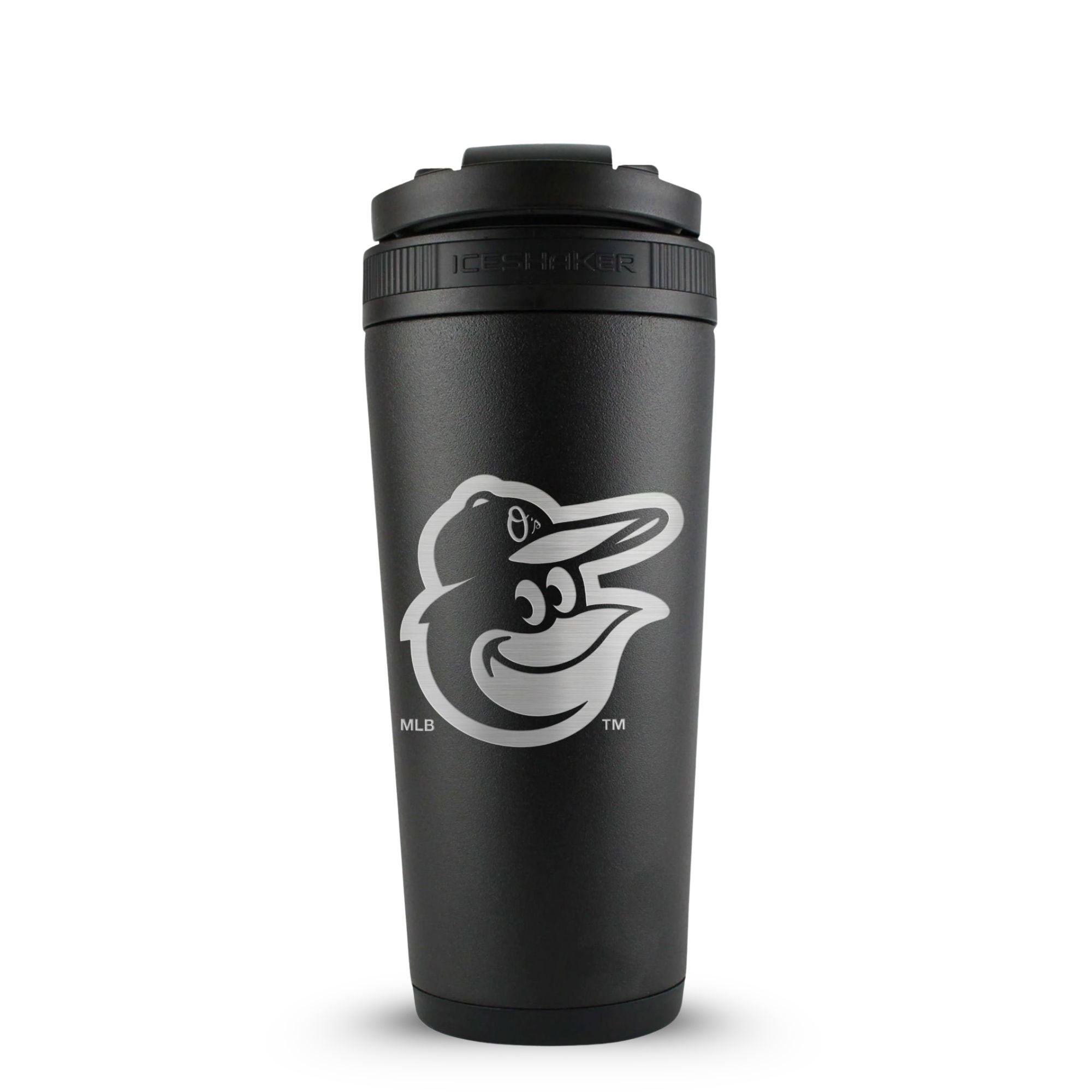 Black 26oz Ice Shaker with the Baltimore Orioles logo engraved on the back of it.