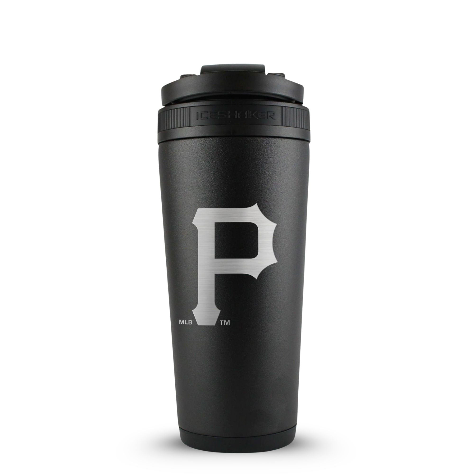 Black 26oz Ice Shaker with the Pittsburgh Pirates logo engraved on the back of it.