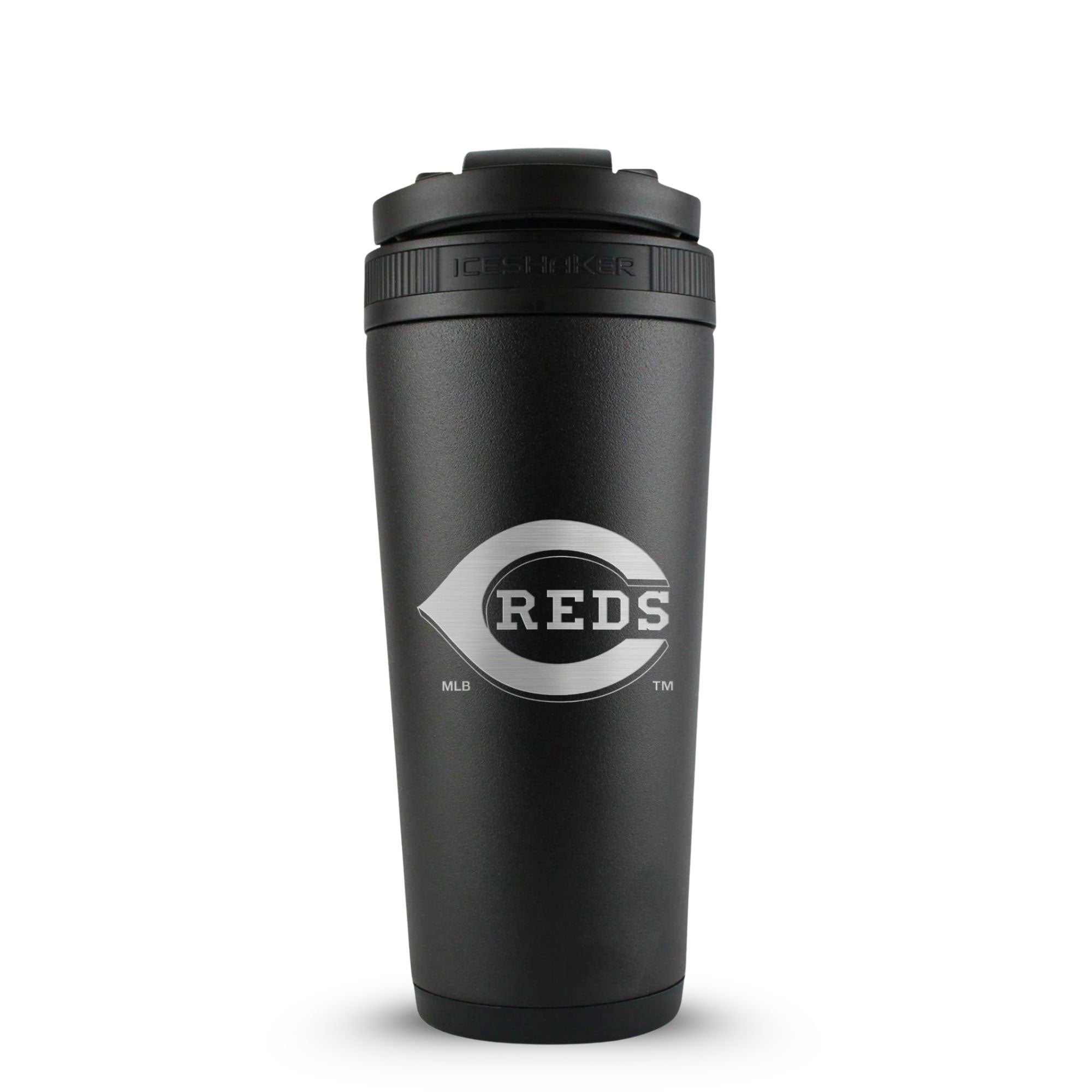 Black 26oz Ice Shaker with the Cincinnati Reds logo engraved on the back of it.
