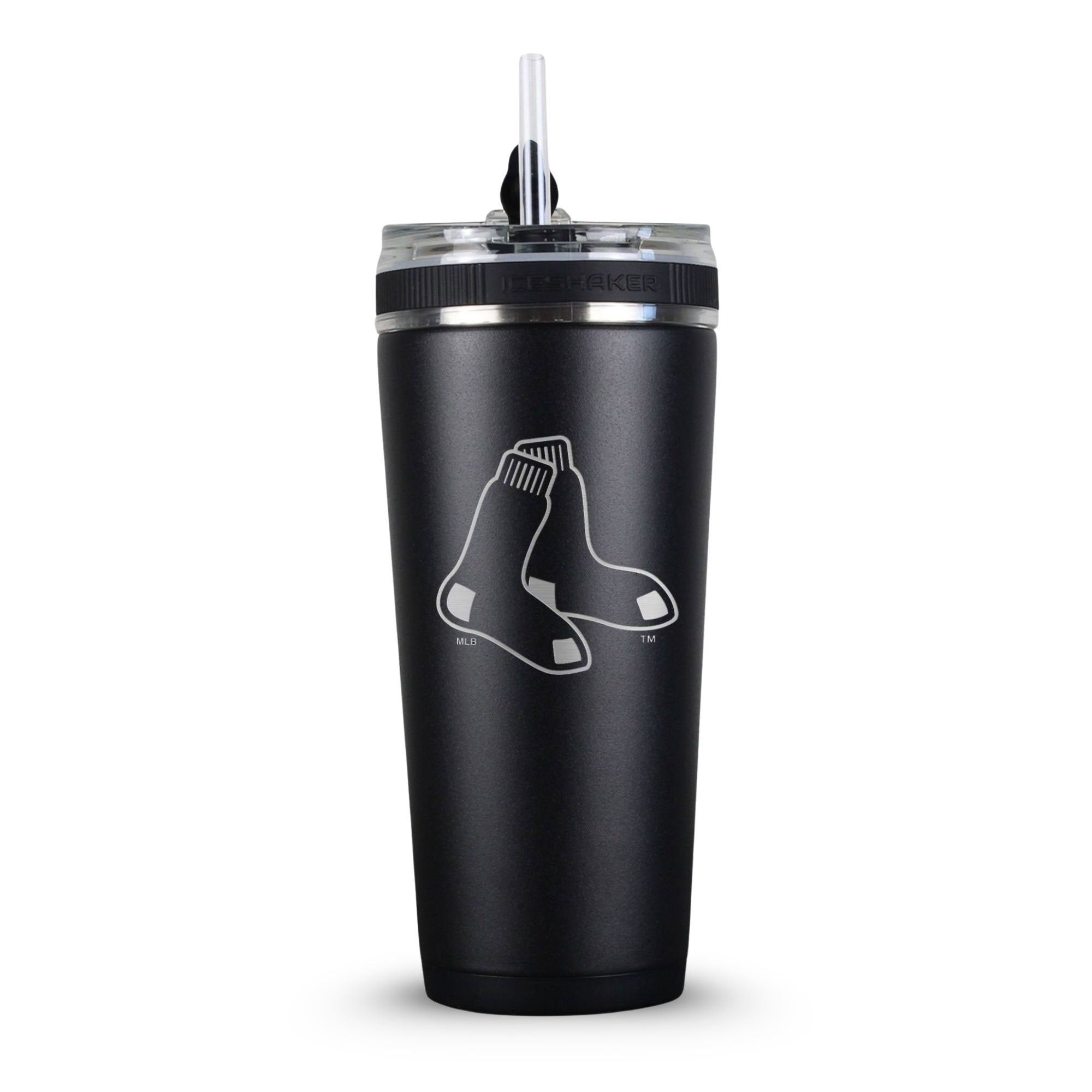 Black 26oz Flex Bottle with Straw with the Boston Red Sox logo engraved on the back of it.