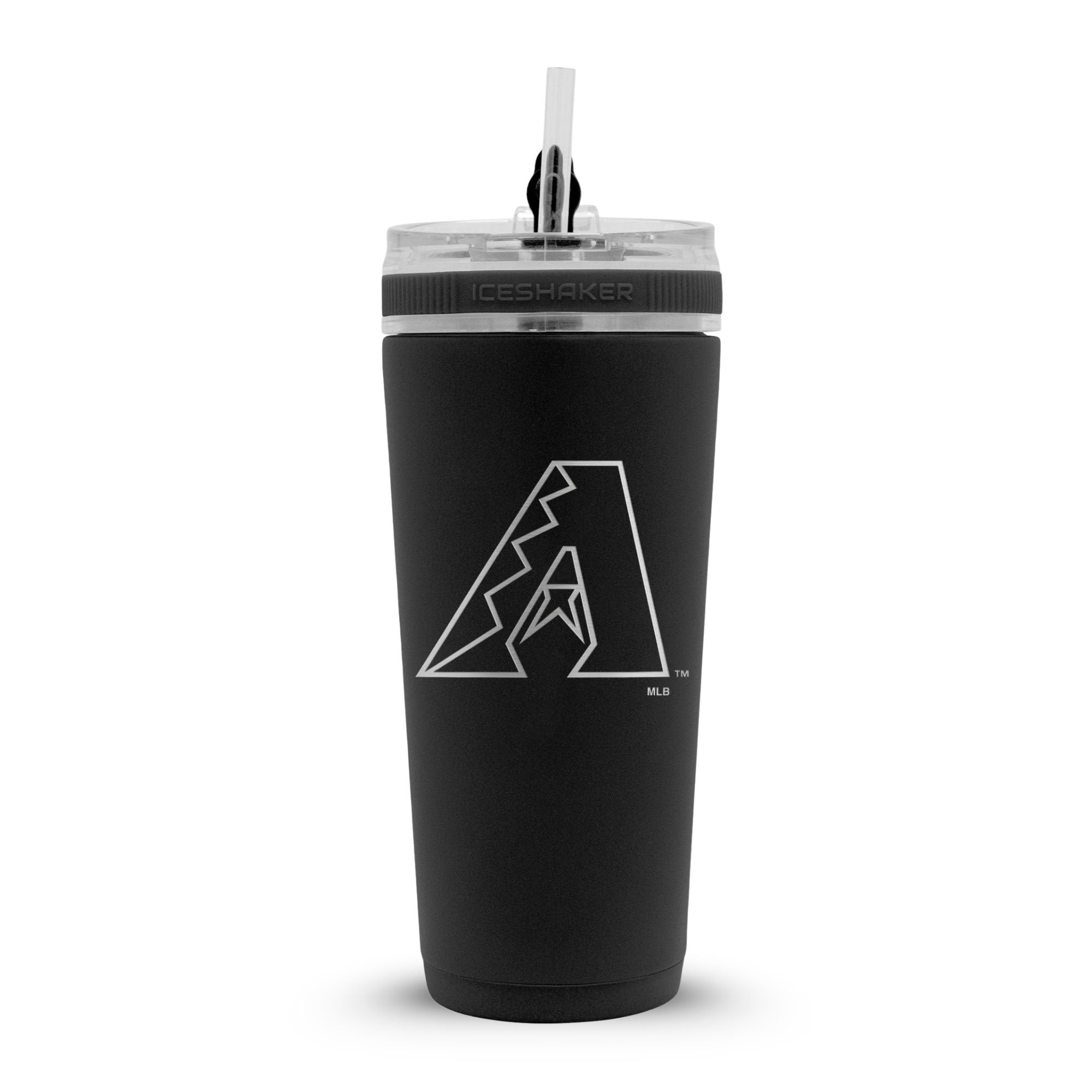Black 26oz Flex Bottle with a straw with the Official MLB Arizona Diamondbacks logo engraved on the back of the bottle