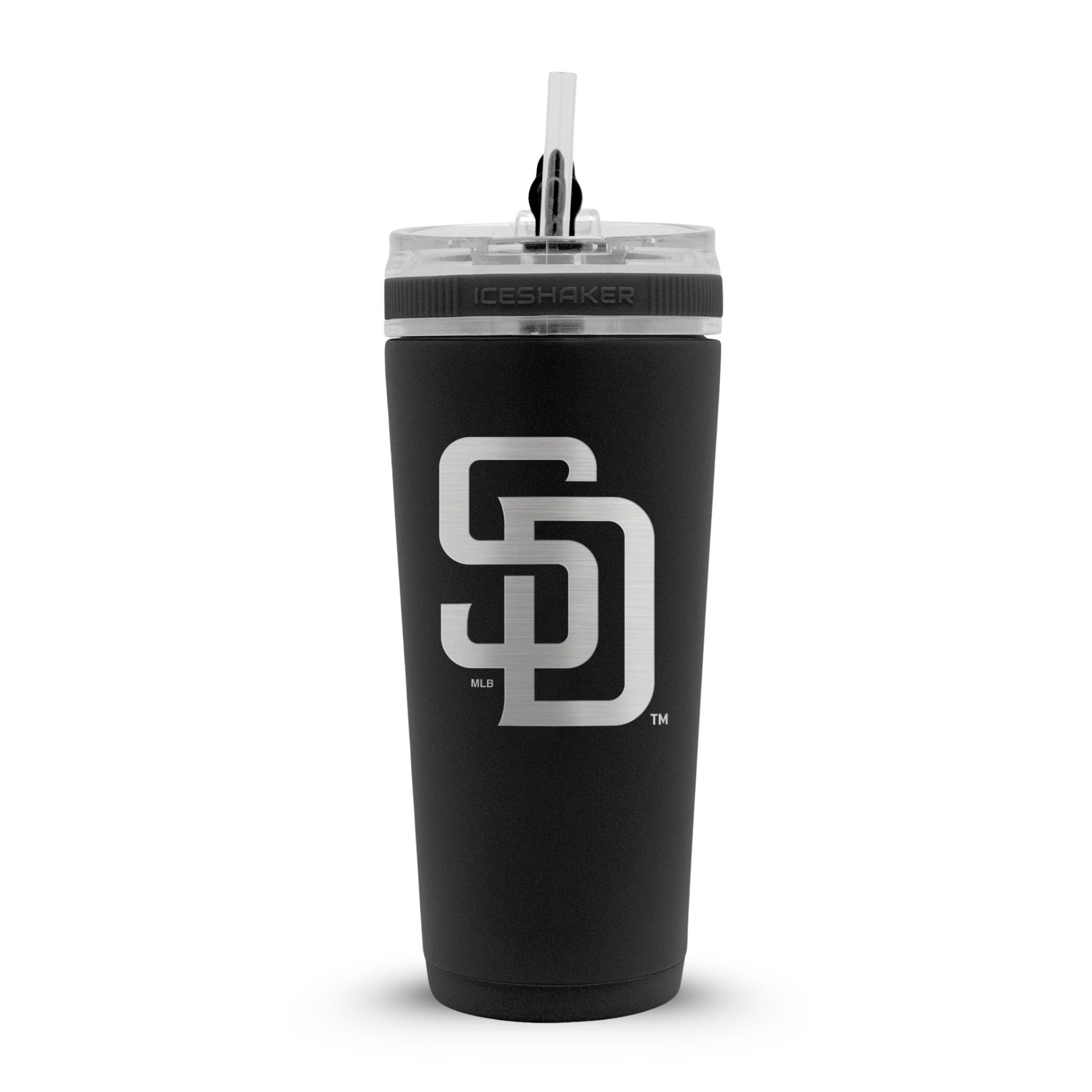 Black 26oz Flex Bottle with Straw with the San Diego Padres logo engraved on the back of it.