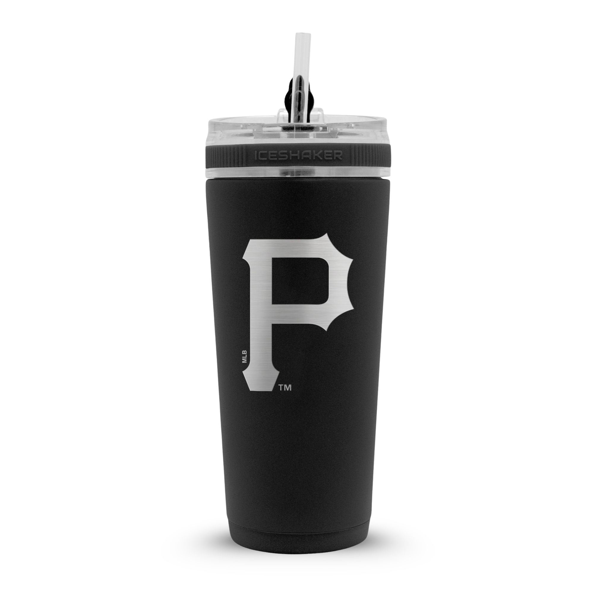 Black 26oz Flex Bottle with Straw with the Pittsburgh Pirates logo engraved on the back of it.