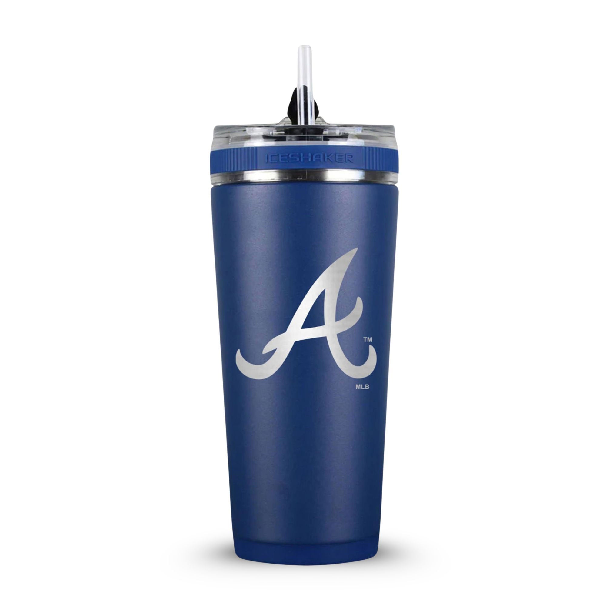 Navy 26oz Flex Bottle with the Official Atlanta Braves logo engraved on the back.