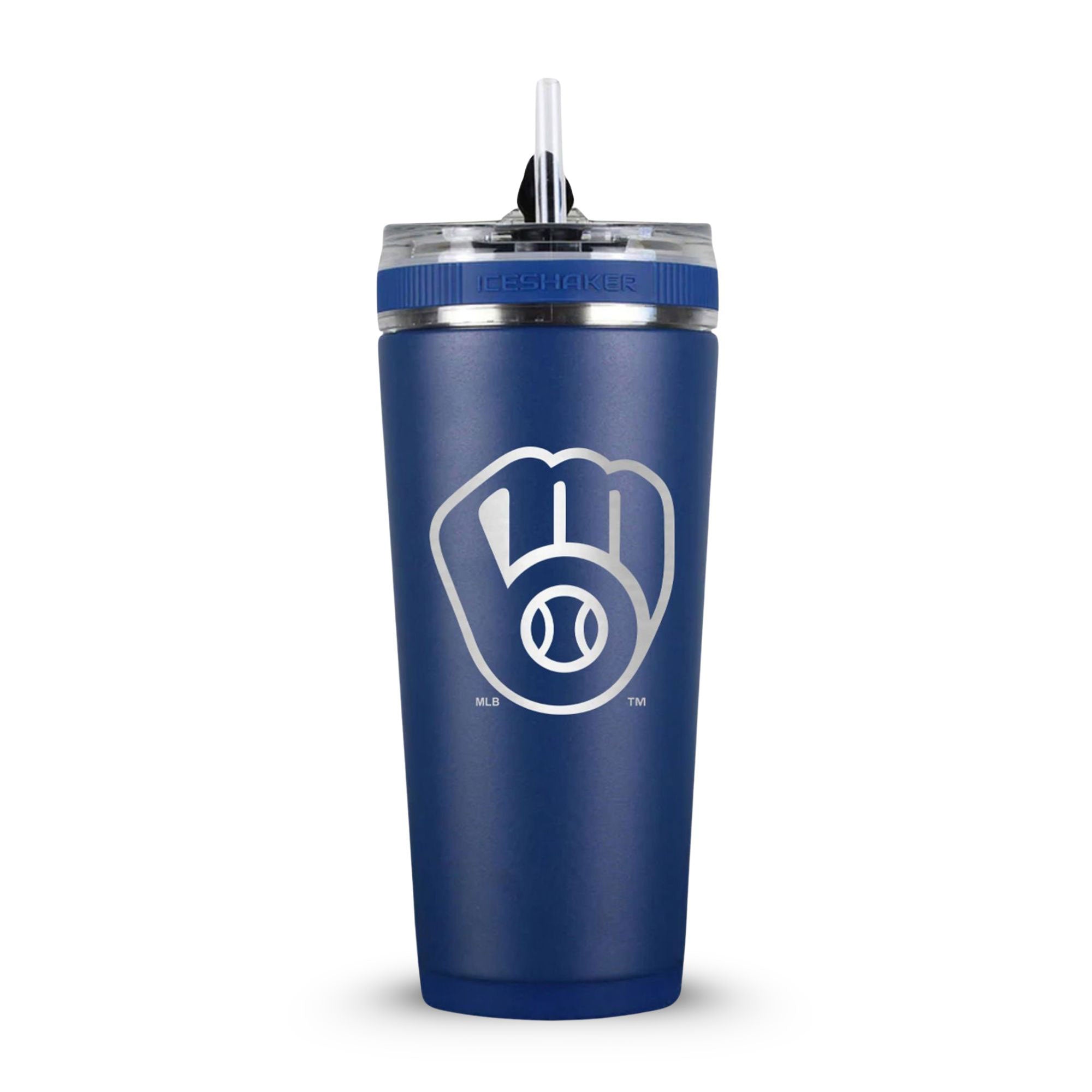Navy 26oz Flex Bottle with Straw with the Milwaukee Brewers logo engraved on the back of it.