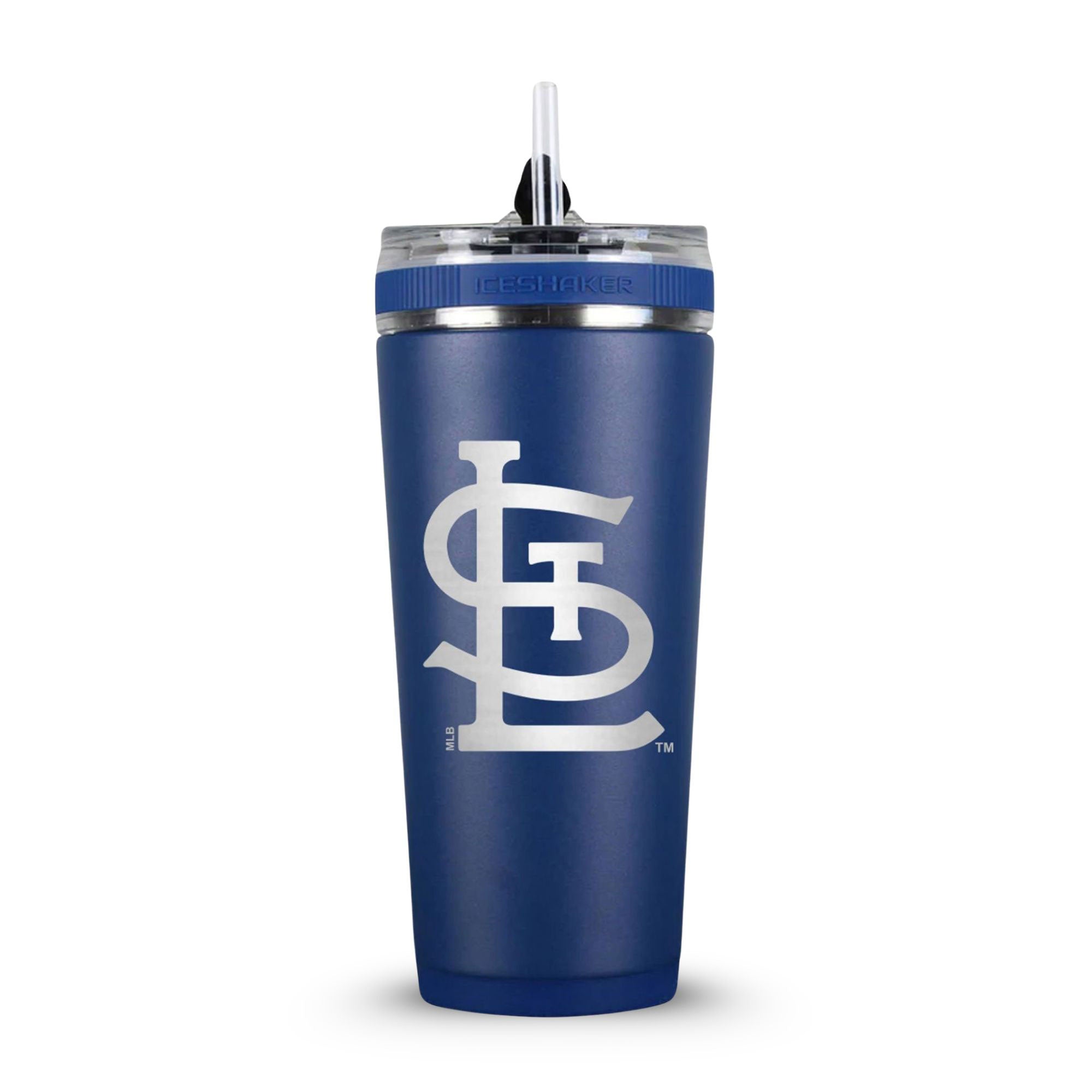 Navy 26oz Flex Bottle with Straw with the St. Louis Cardinals logo engraved on the back of it.