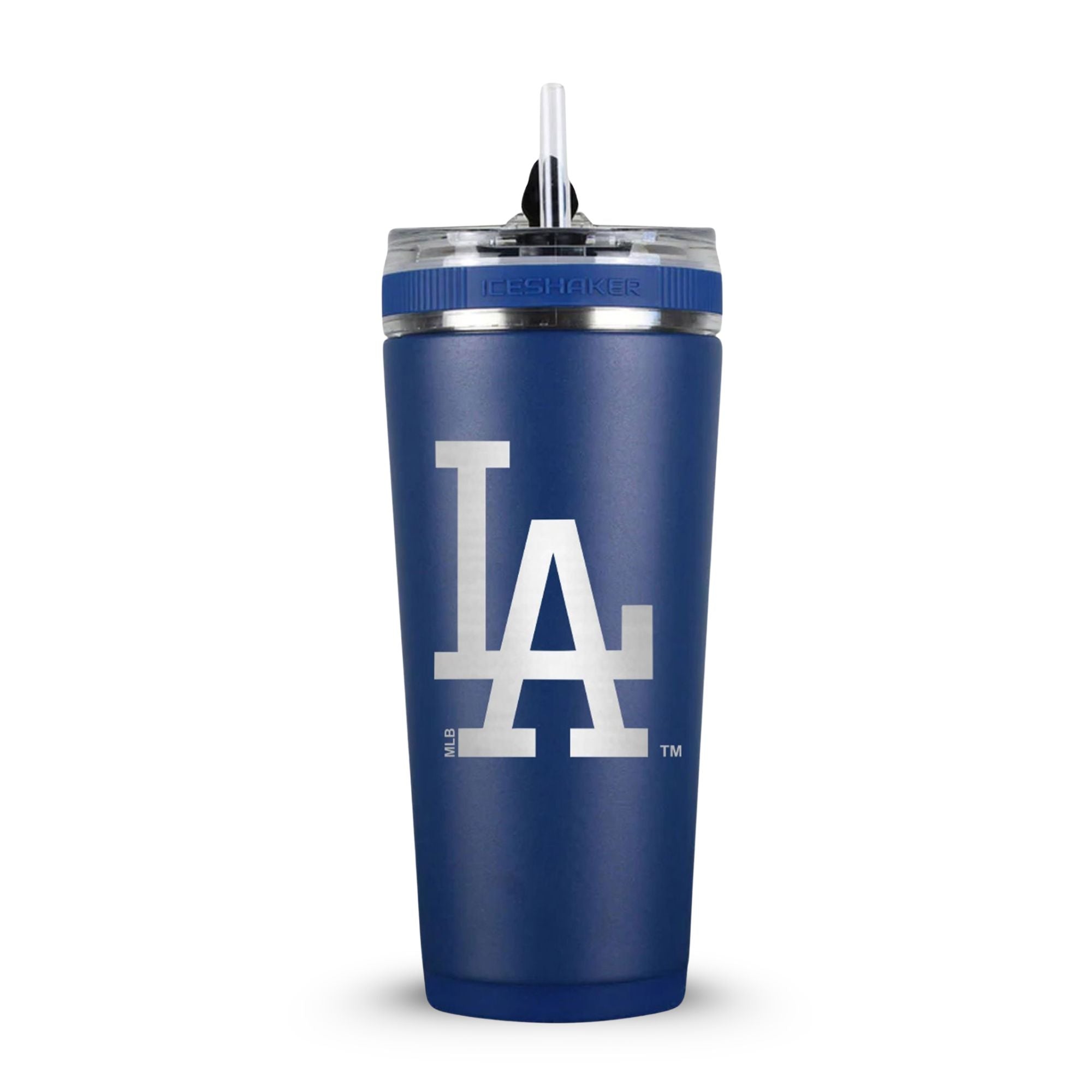 Navy 26oz Flex Bottle with Straw with the LA Dodgers Alternate Logo engraved on the back of it. The Alternate Logo is the letters "L A"