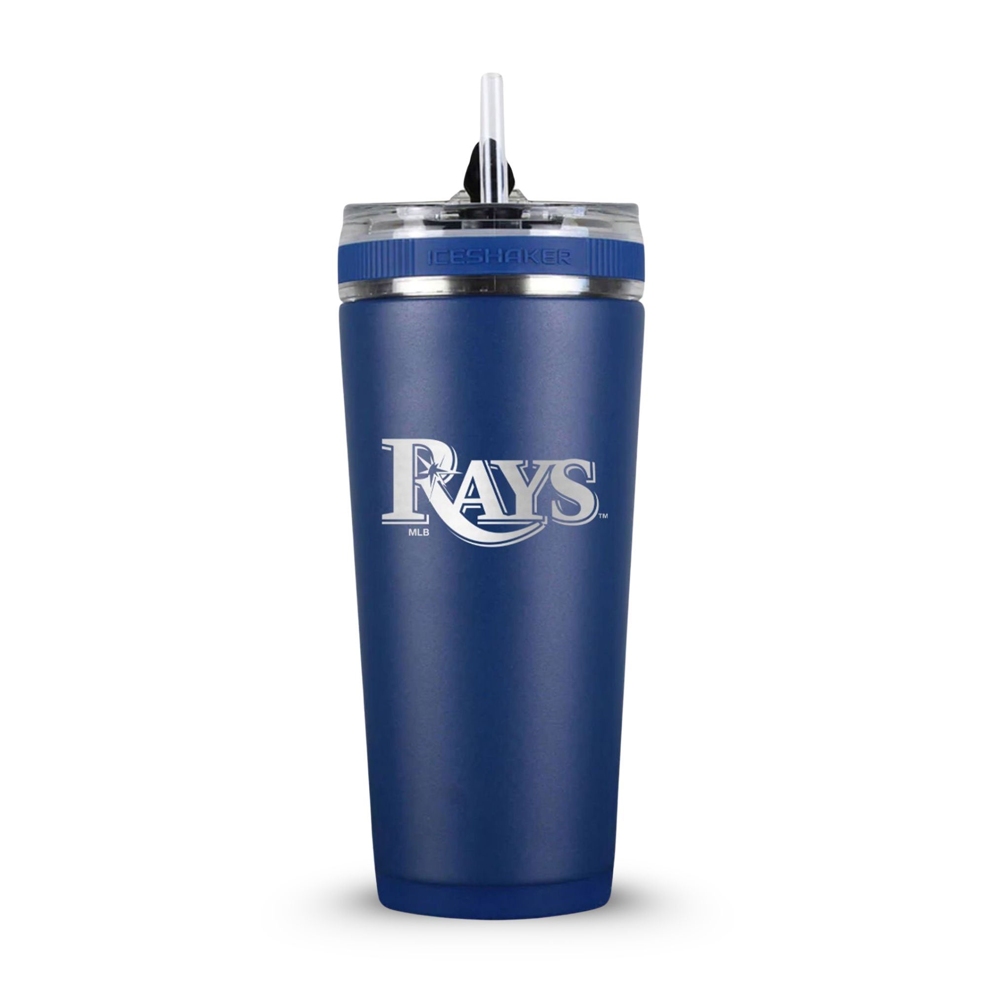 Navy 26oz Flex Bottle with straw with the Tampa Bay Rays logo engraved on the back of it.