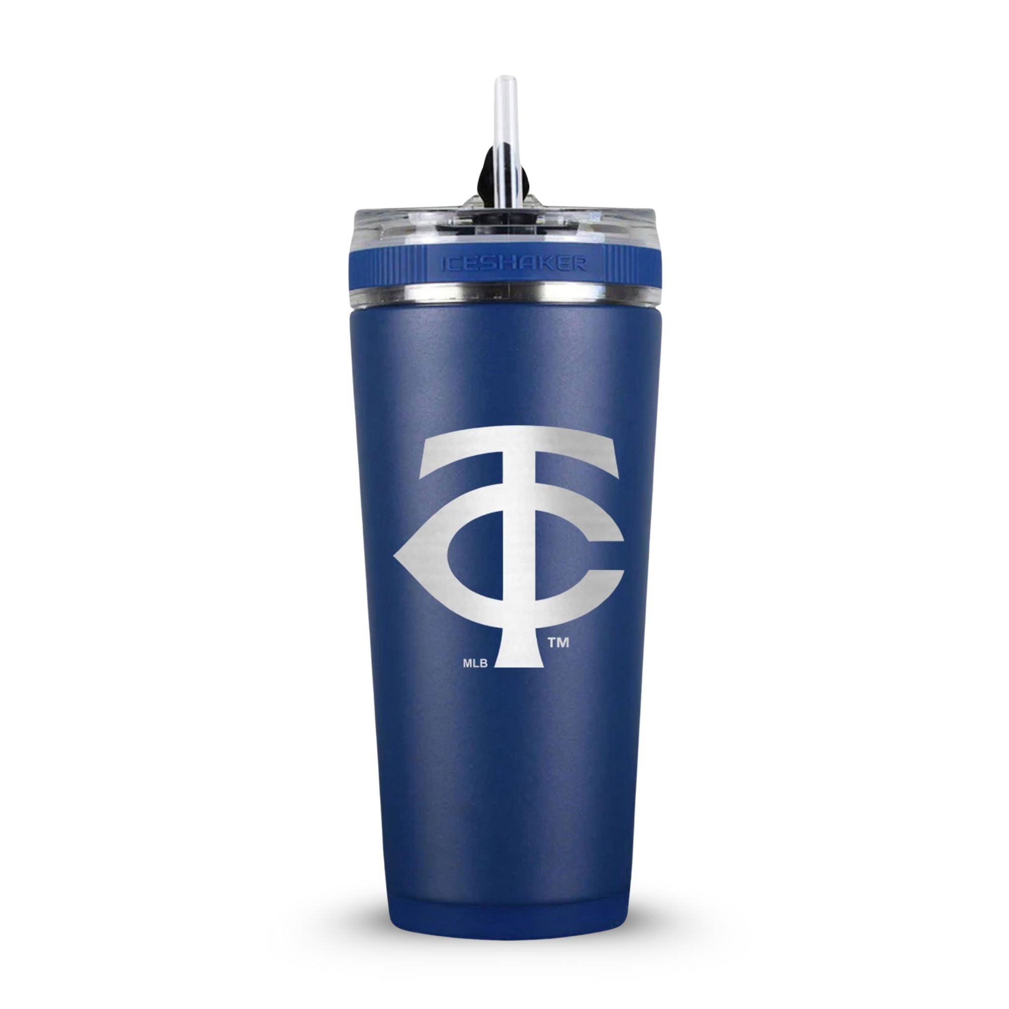 Navy 26oz Flex Bottle with Straw with the Minnesota Twins logo engraved on the back of it.