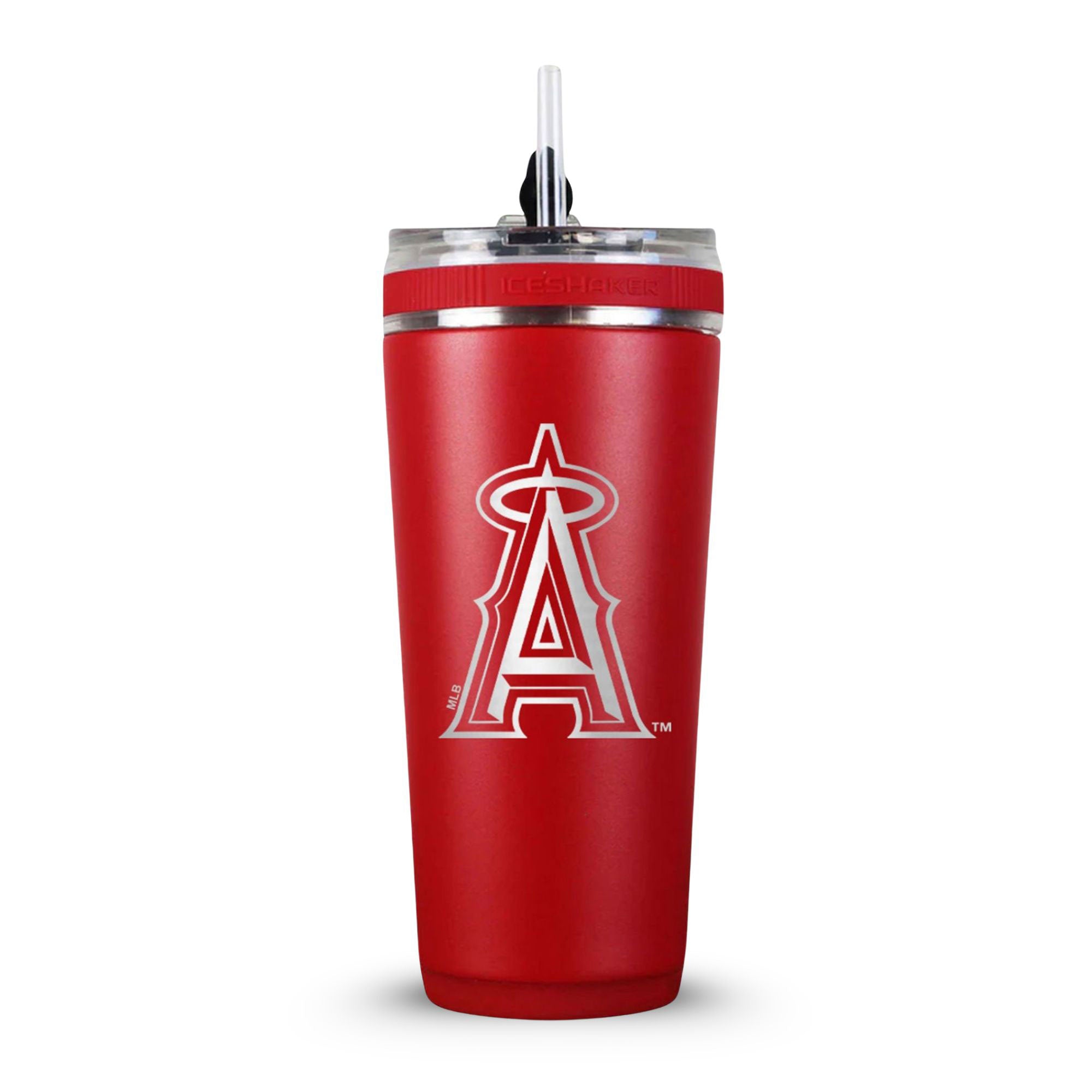 Red 26oz Flex Bottle with Straw with the Los Angeles Angels logo engraved on the back of it.