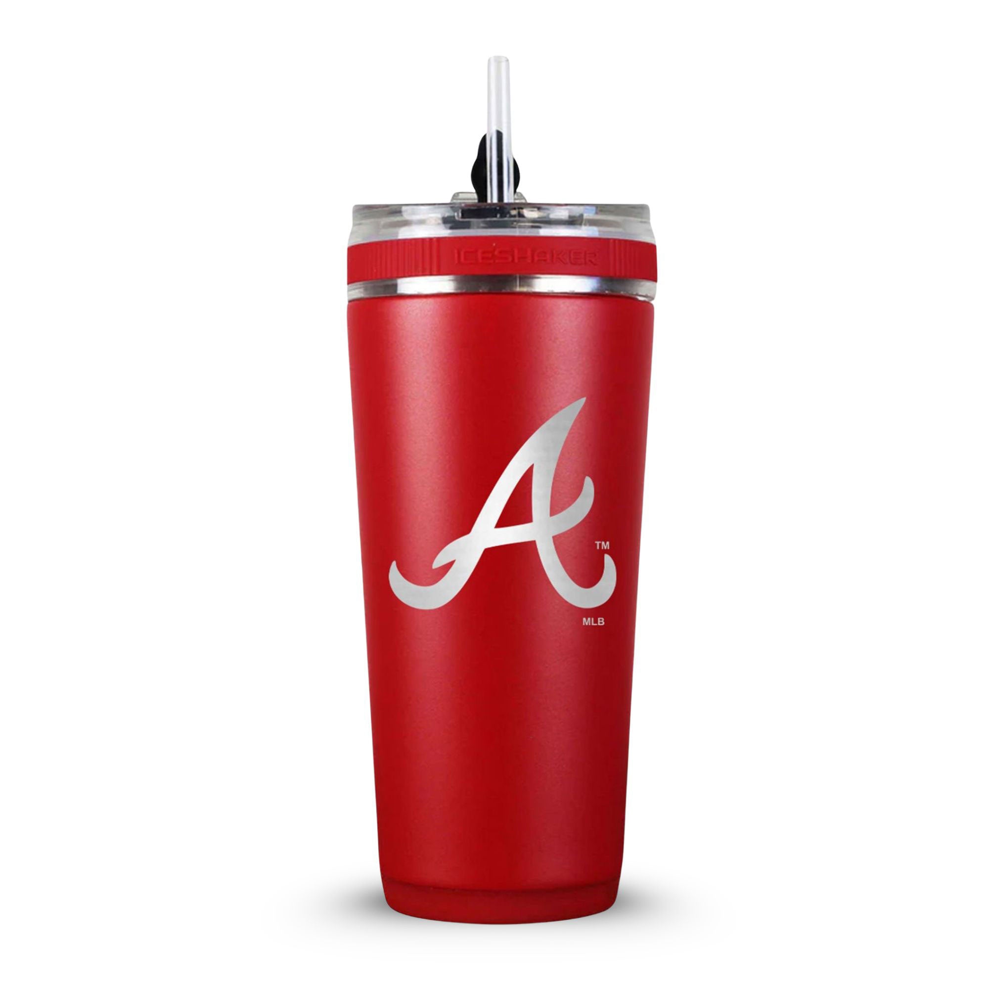 Red 26oz Flex Bottle with the Official Atlanta Braves logo engraved on the back.
