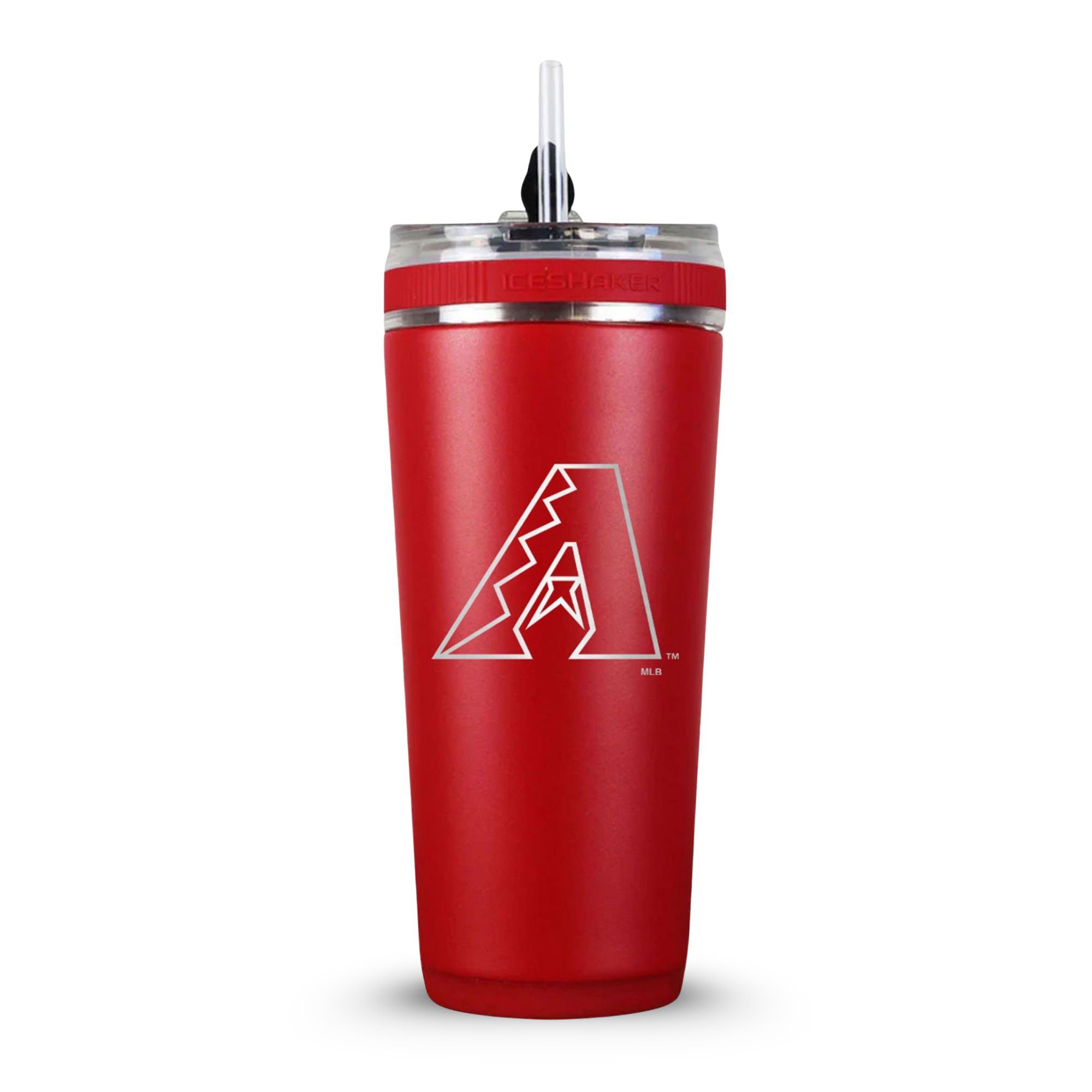 Red 26oz Flex Bottle with a straw with the Official MLB Arizona Diamondbacks logo engraved on the back of the bottle