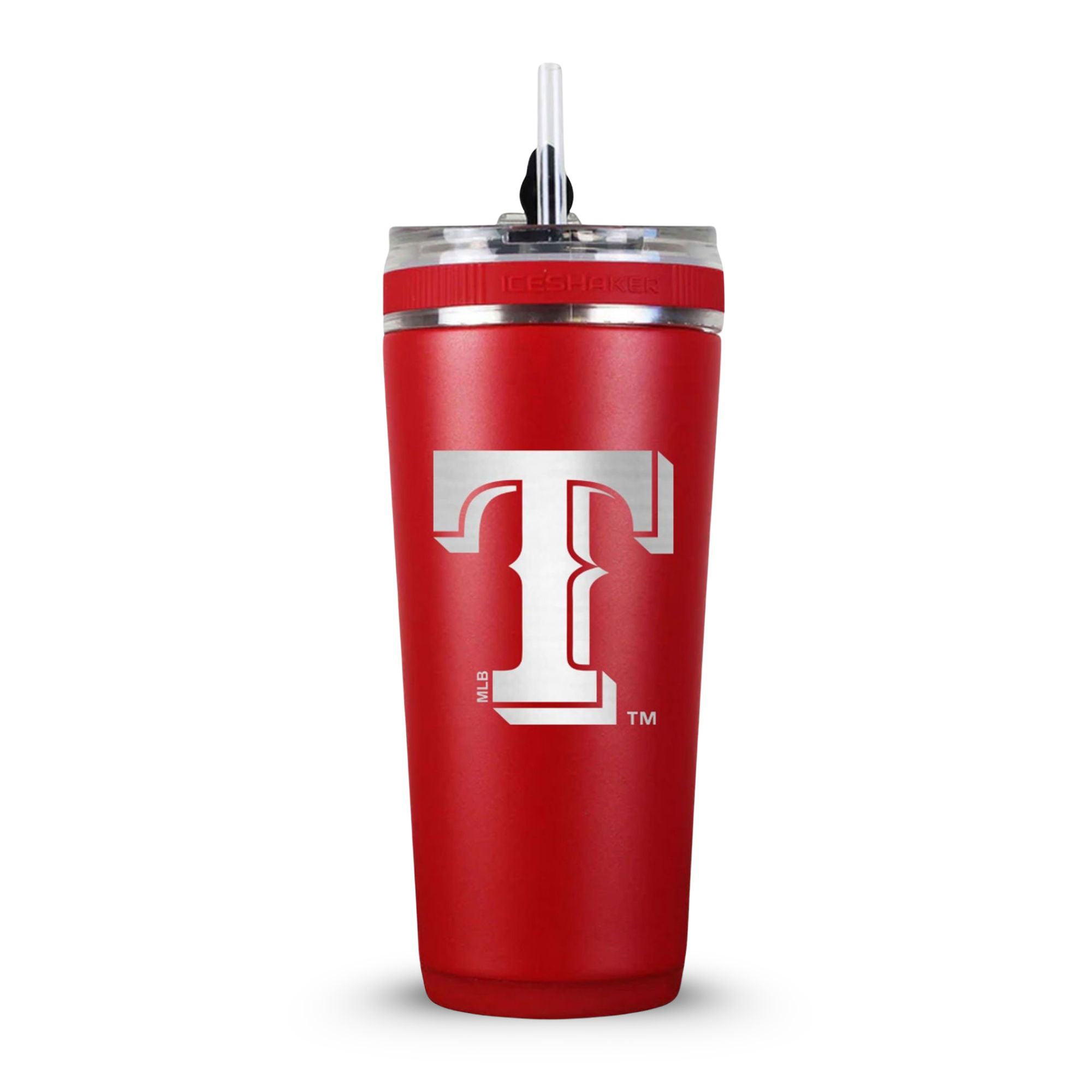 Red 26oz Flex Bottle with Straw with the Texas Rangers logo engraved on the back of it.