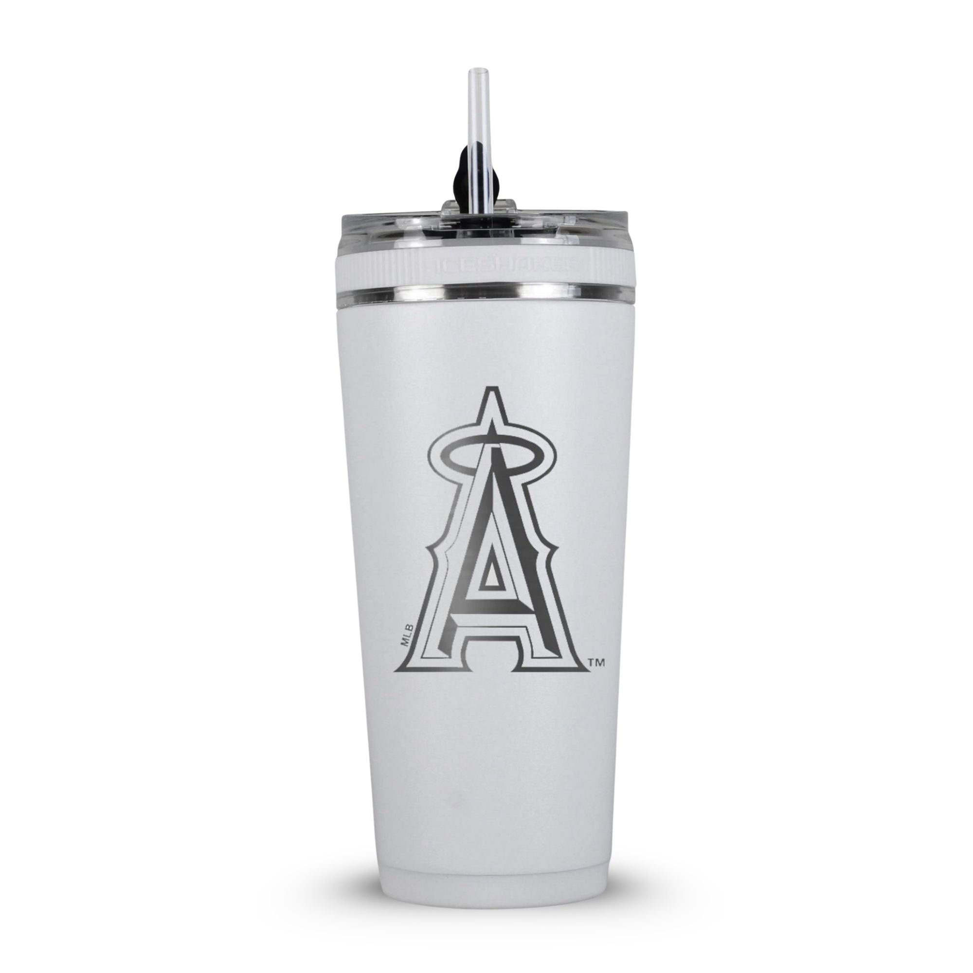 White 26oz Flex Bottle with Straw with the Los Angeles Angels logo engraved on the back of it.
