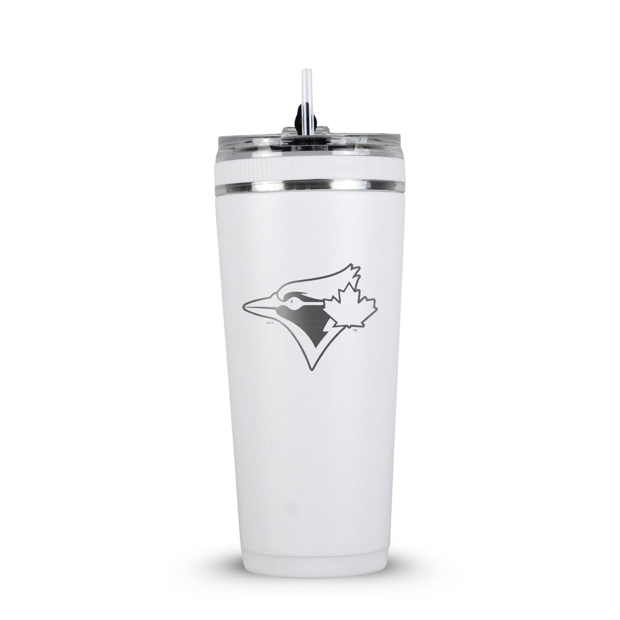 White 26oz Flex Bottle with Straw with the Toronto Blue Jays logo engraved on the back of it.