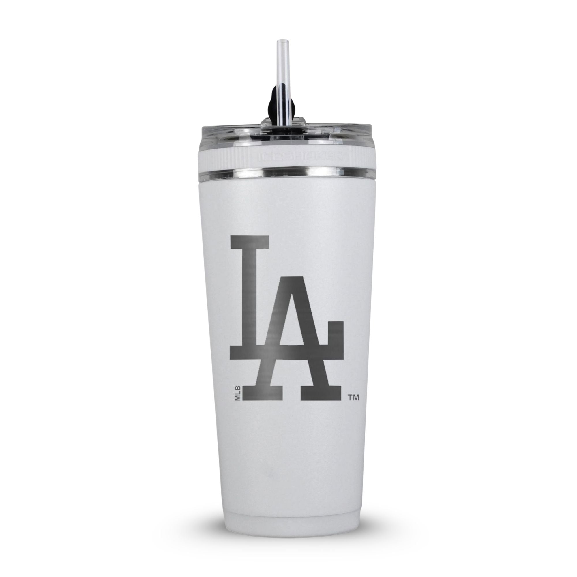 White 26oz Flex Bottle with Straw with the LA Dodgers Alternate Logo engraved on the back of it. The Alternate Logo is the letters "L A"