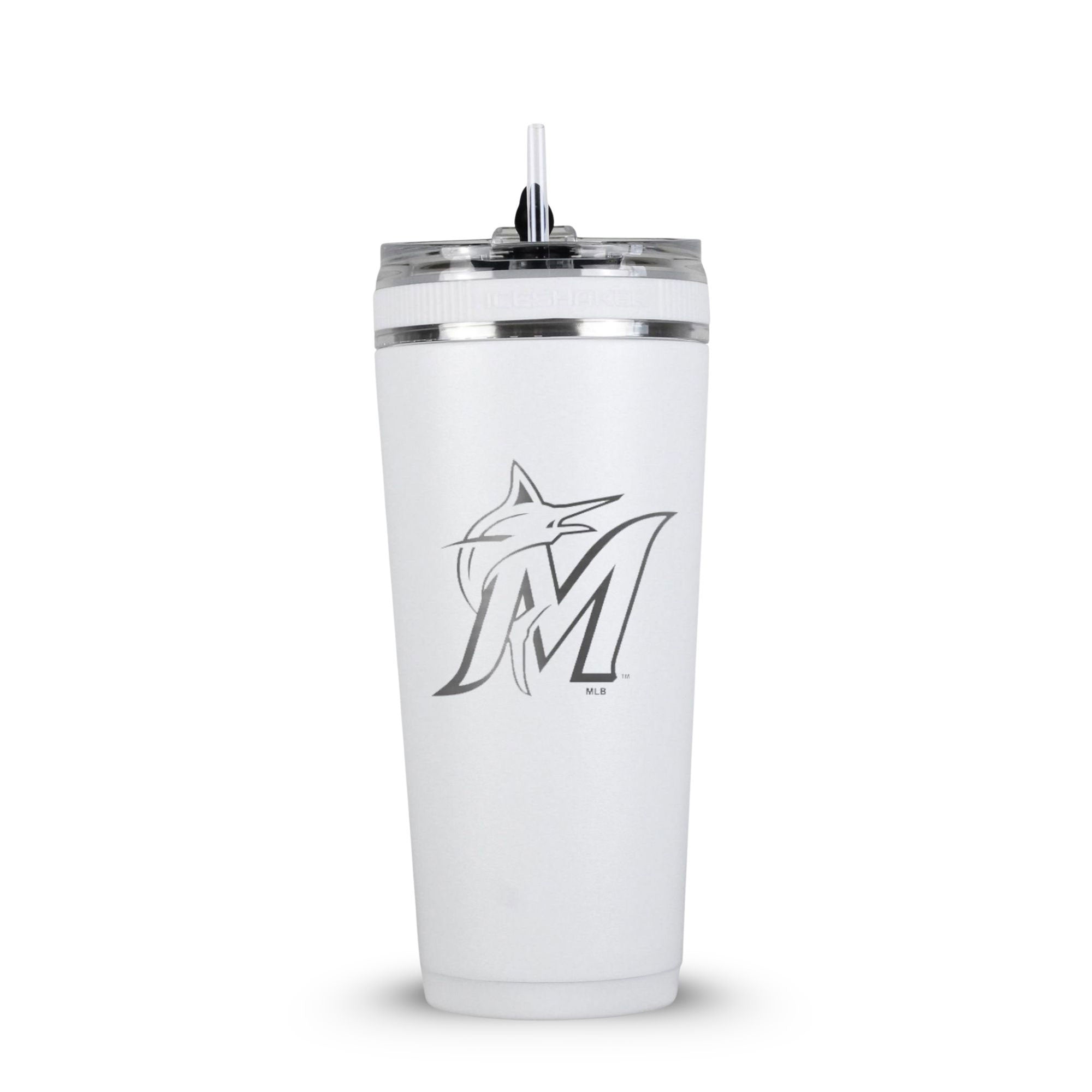 White 26oz Flex Bottle with Straw with the Miami Marlins logo engraved on the back of it.