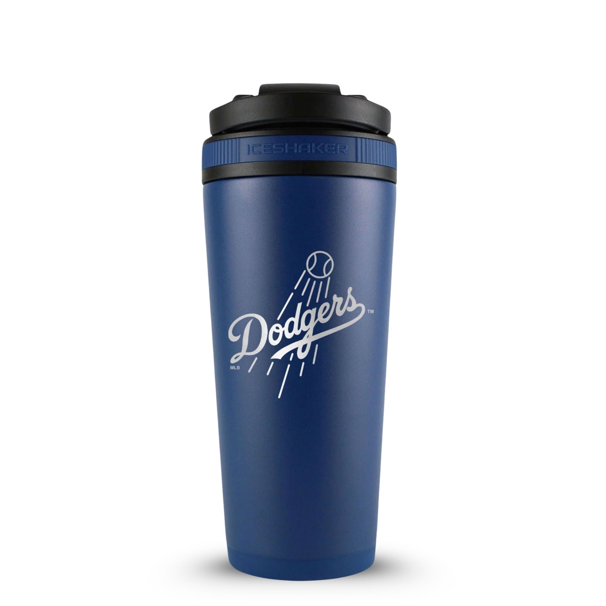 Navy 26oz Ice Shaker with the Dodgers logo engraved on the back of it.