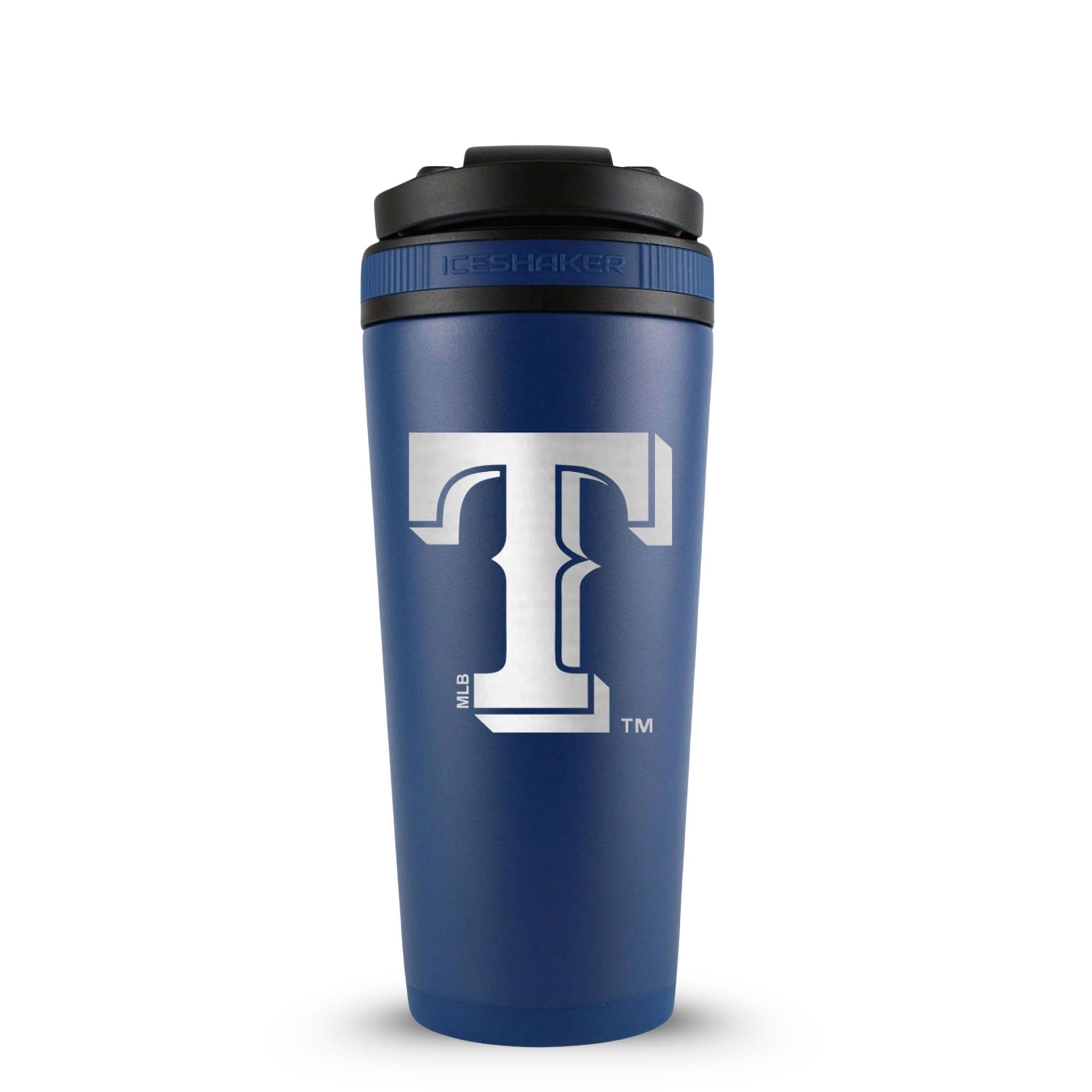 Navy 26oz Ice Shaker with the Texas Rangers logo engraved on the back of it.