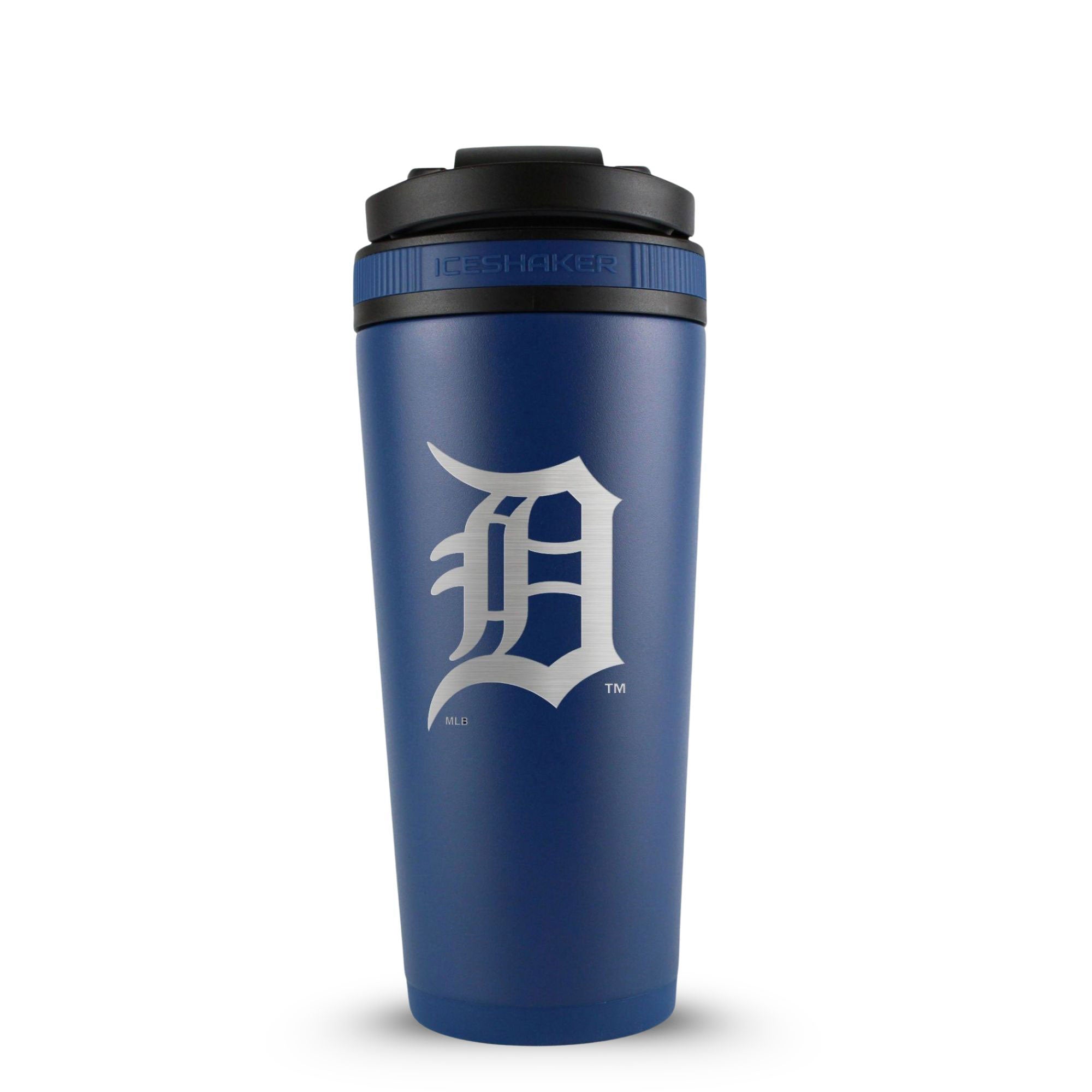 Navy 26oz Ice Shaker with the Detroit Tigers logo engraved on the back of it.