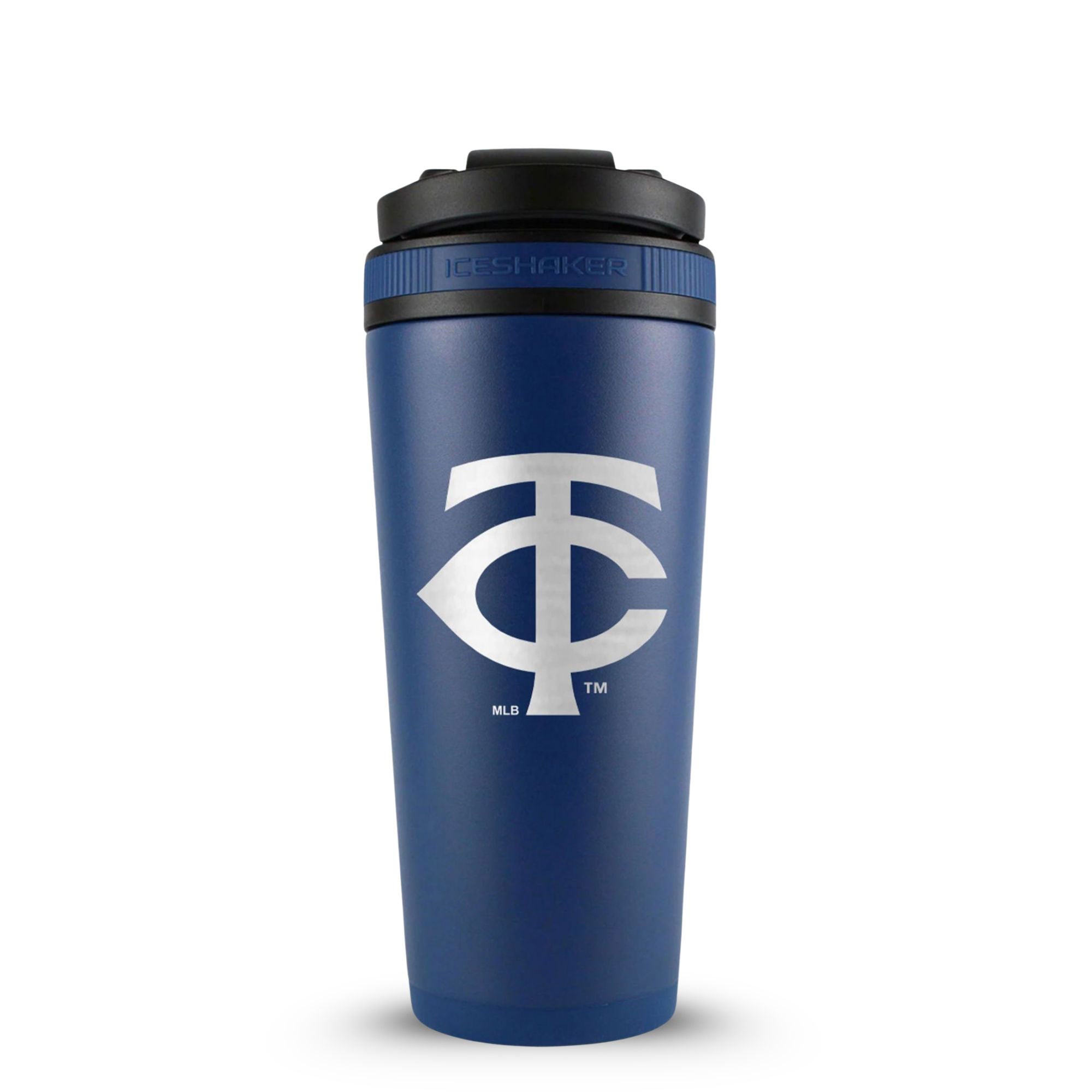 Navy 26oz Ice Shaker with the Minnesota Twins logo engraved on the back of it.