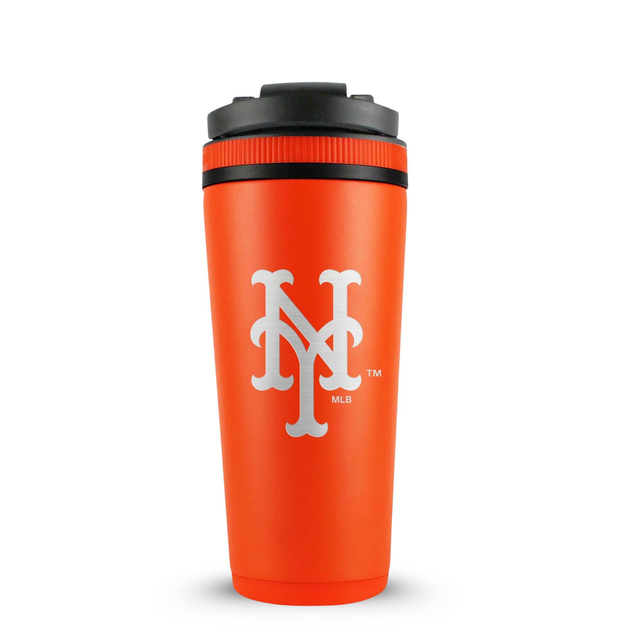 Orange 26oz Ice Shaker with the New York Mets logo engraved on the back of it.
