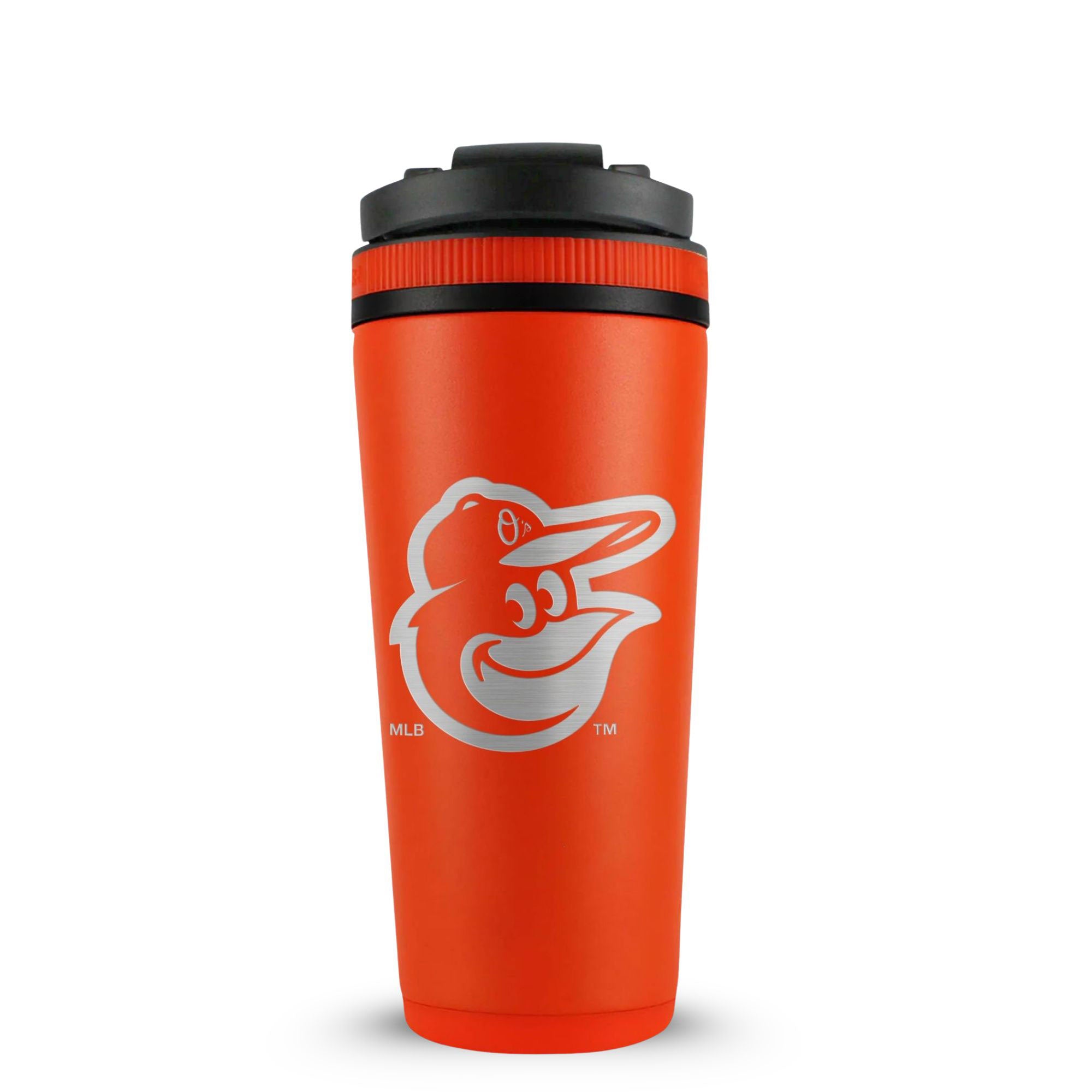 Orange 26oz Ice Shaker with the Baltimore Orioles logo engraved on the back of it.