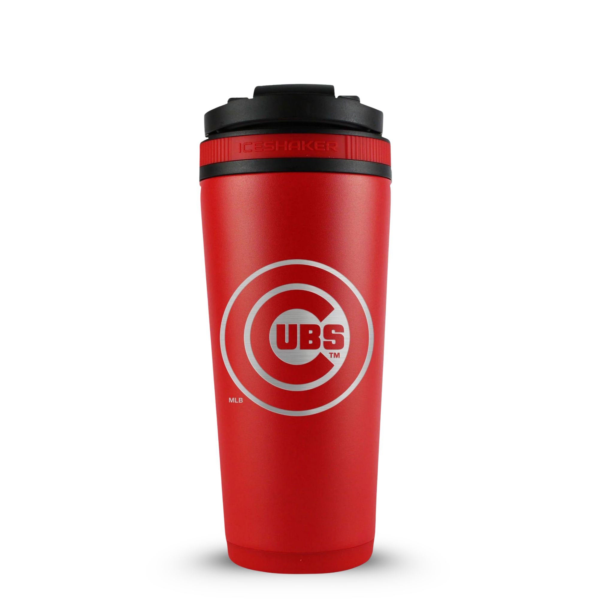 Red 26oz Ice Shaker with the Chicago Cubs logo engraved on the back of it.