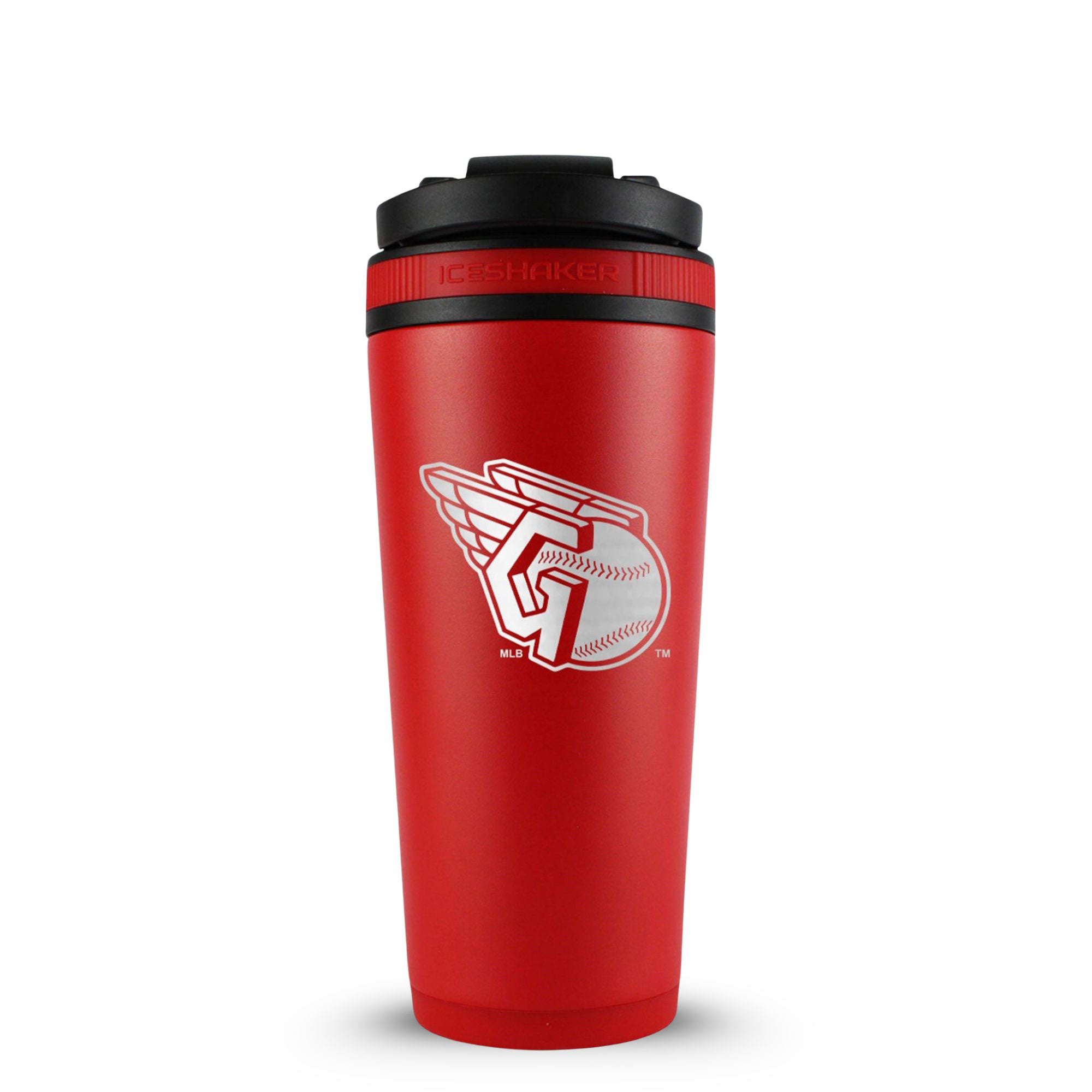Red 26oz Ice Shaker with the Cleveland Guardians logo engraved on the back of it.