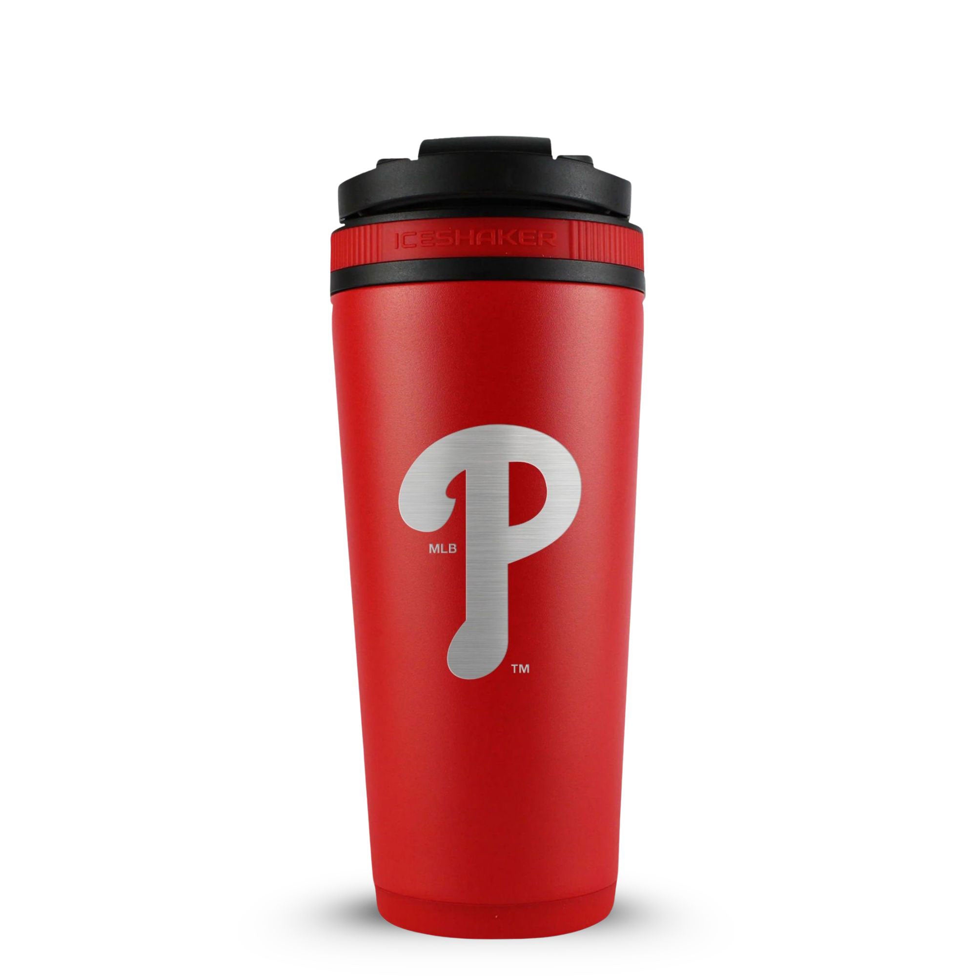 Red 26oz Ice Shaker with the Philadelphia Phillies logo engraved on the back of it.