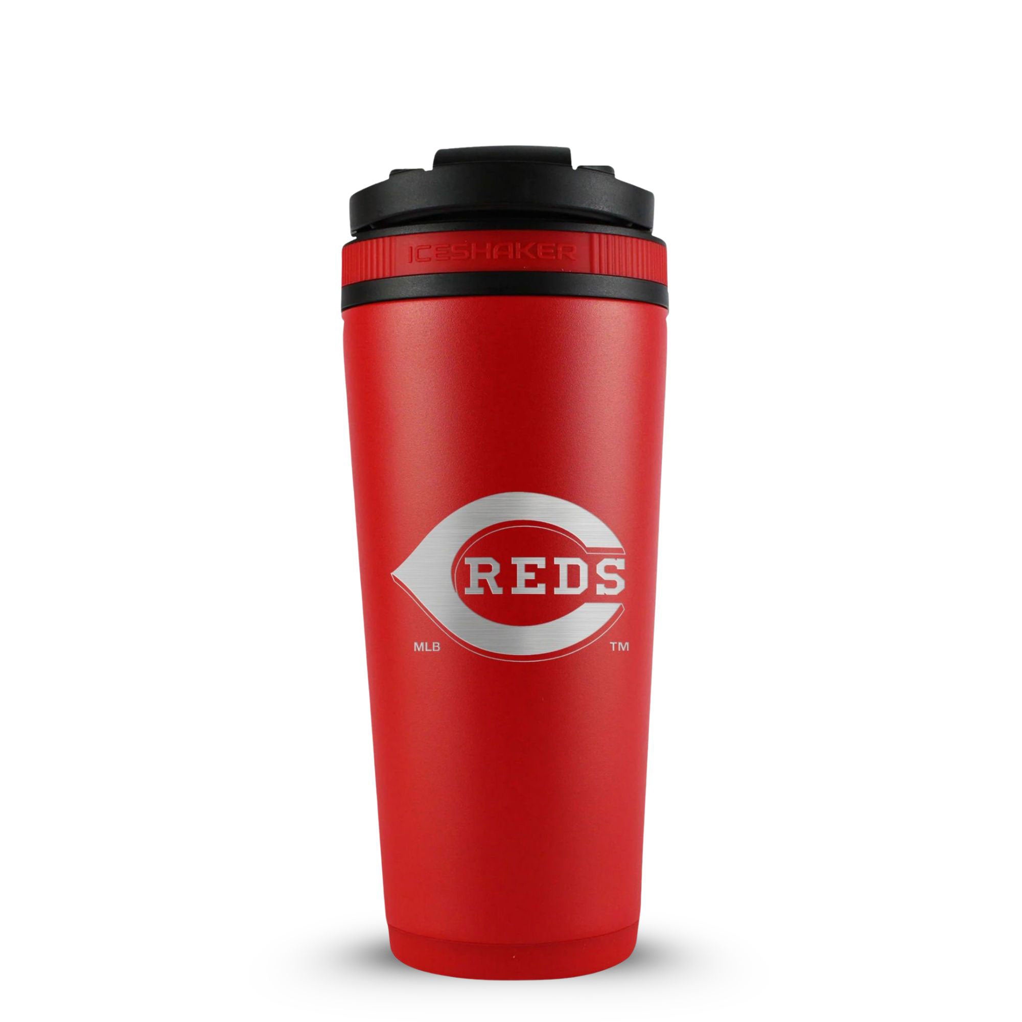 Red 26oz Ice Shaker with the Cincinnati Reds logo engraved on the back of it.