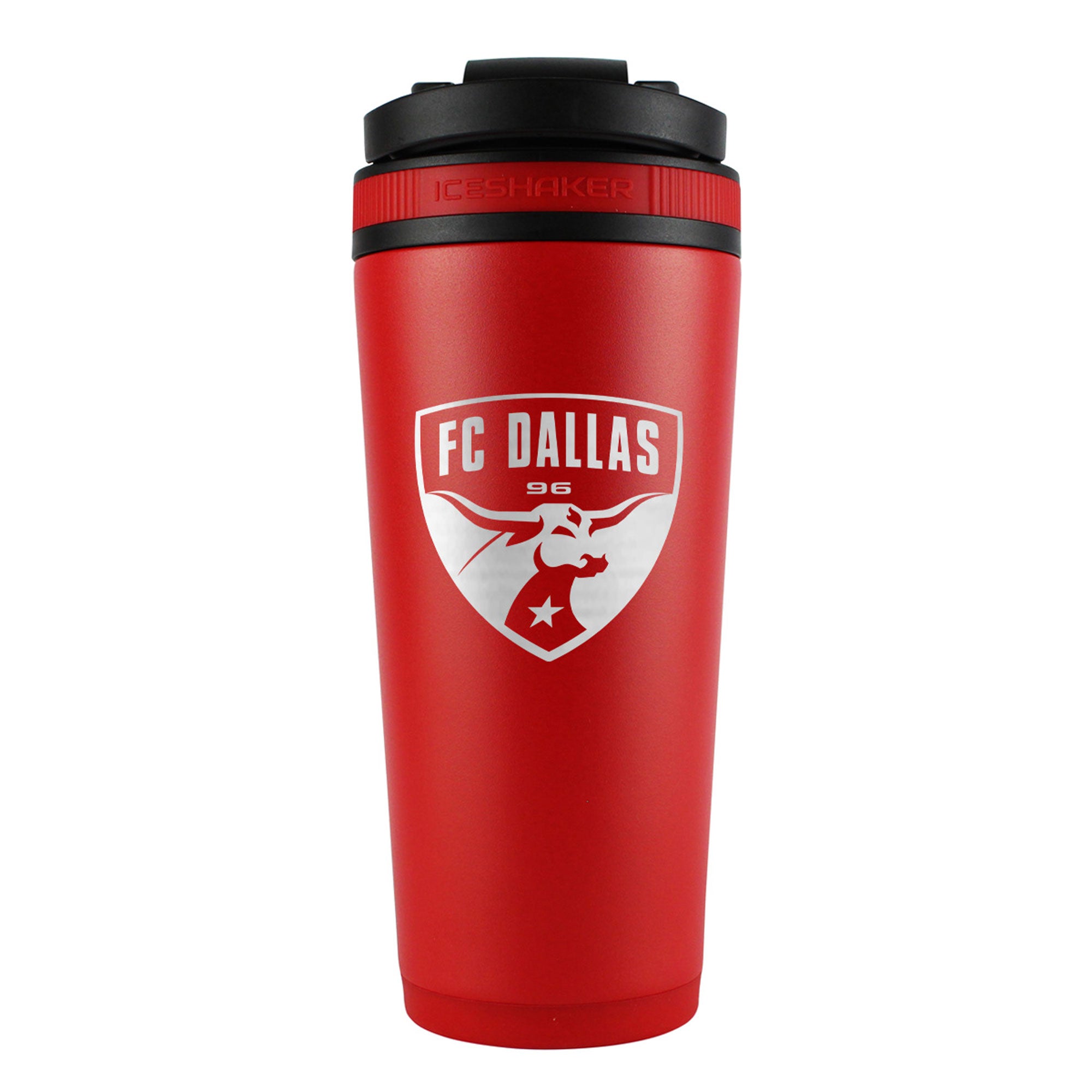 the back of a red 26oz ice shaker water bottle engraved with the official MLS FC Dallas logo